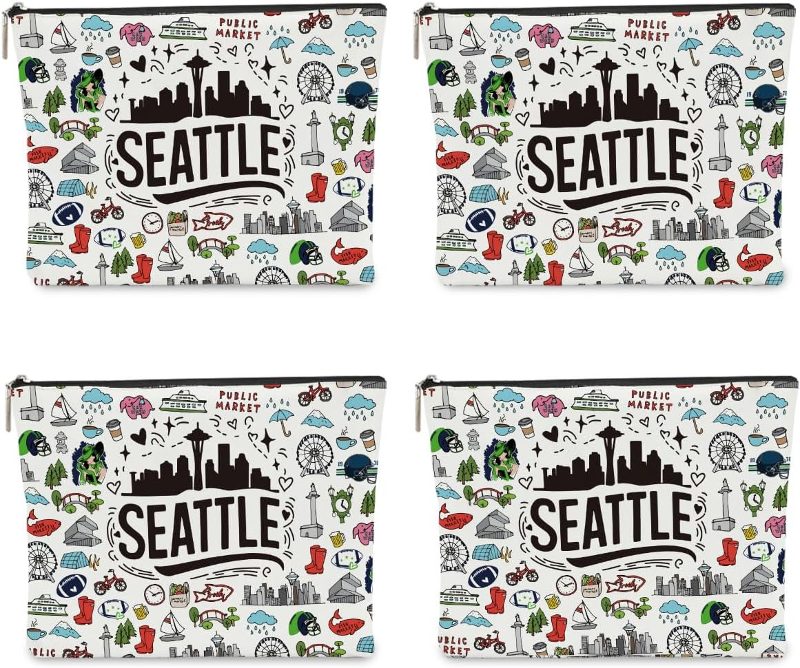 4PCS Seattle Themed Makeup Bag - Seattle Souvenirs Gift for Women, Best Friend, Sister - Travel Friendly Cosmetic Bag, Birthday Christmas Gifts