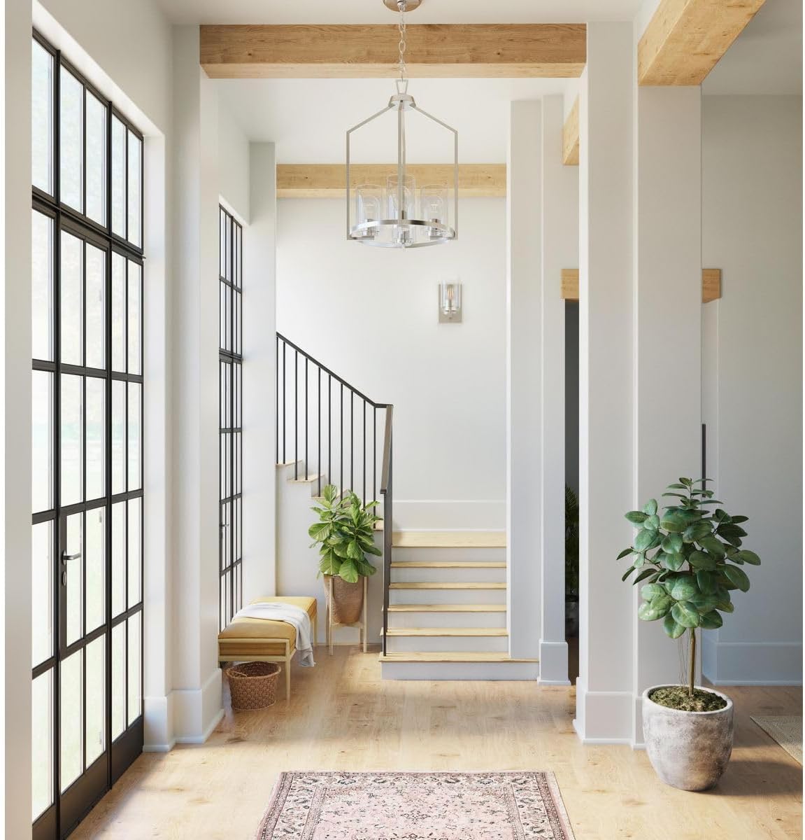 Progress Lighting P500410-31M Goodwin 14 in. Four-Light Brushed Nickel Modern Farmhouse Hall & Foyer Light with Clear Glass Shade