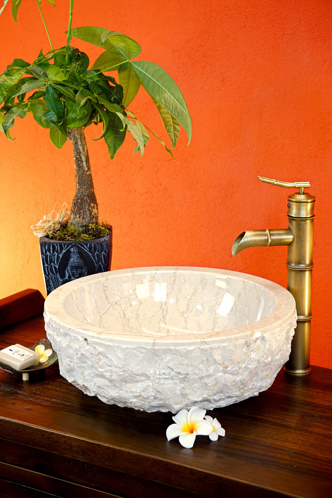 Lavabo de piedra natural de mármol – Accesorio para lavabo en 2 tamaños – Mármol claro con exterior grueso (40 cm de diámetro)