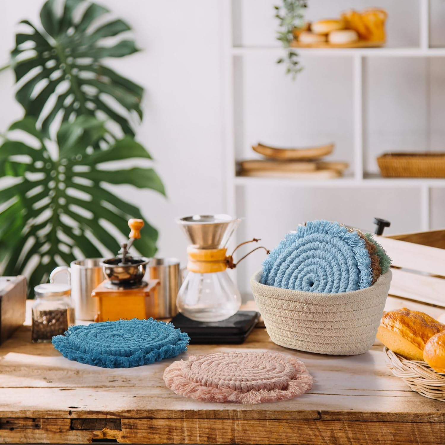 Coasters Set of 6 for Drinks Boho Absorbent Woven Cotton Coaster with Holder Farmhouse Tassel Macrame Cup Mat Housewarming Gift for Coffee Table Home Kitchen Office Decoration, 4 in(Morandi) - Image 7