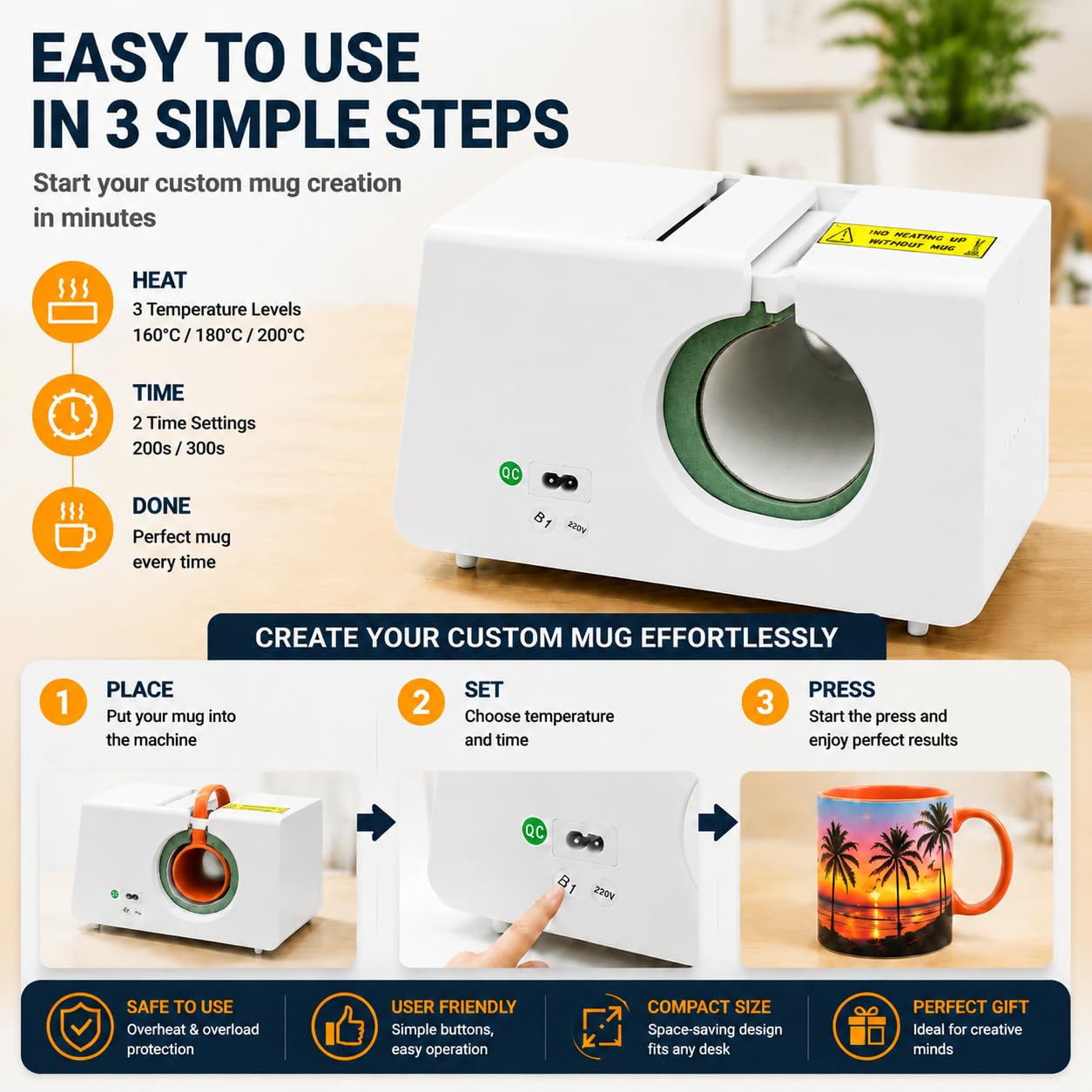 Madelynn Prensa para tazas de 400 W, 330 ml, prensa de calor con 3 ajustes de temperatura 160/180/200 °C y 2 ajustes de tiempo, prensa de vasos para 11 oz