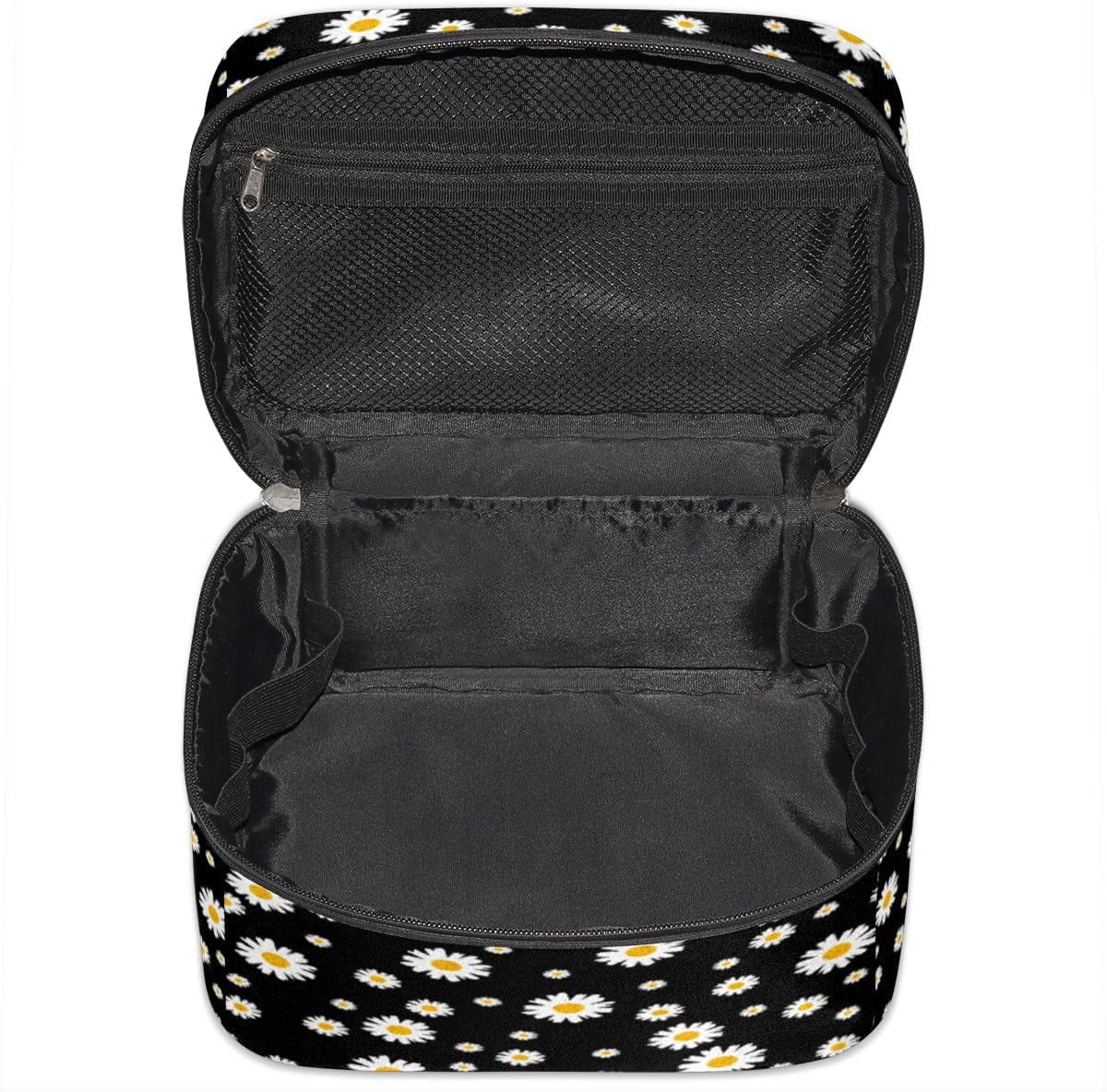 Makeup Bag Large Daisy Black Toiletry Bag for Women Travel Cosmetic Bag Portable Makeup Bag for Bottles Brushes Lipstick Skin Care