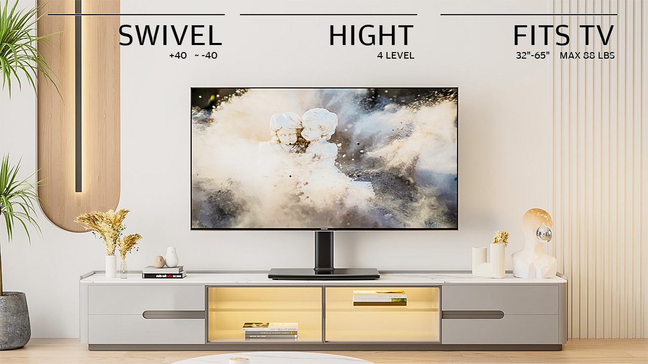 Universal Swivel TV Stand/Base Table Top TV Stand 32 to 65 inch TVs 80 Degree Swivel, 4 Level Height Adjustable, Heavy Duty Tempered Glass Base, Holds up to 88lbs Screens, HT04B-002