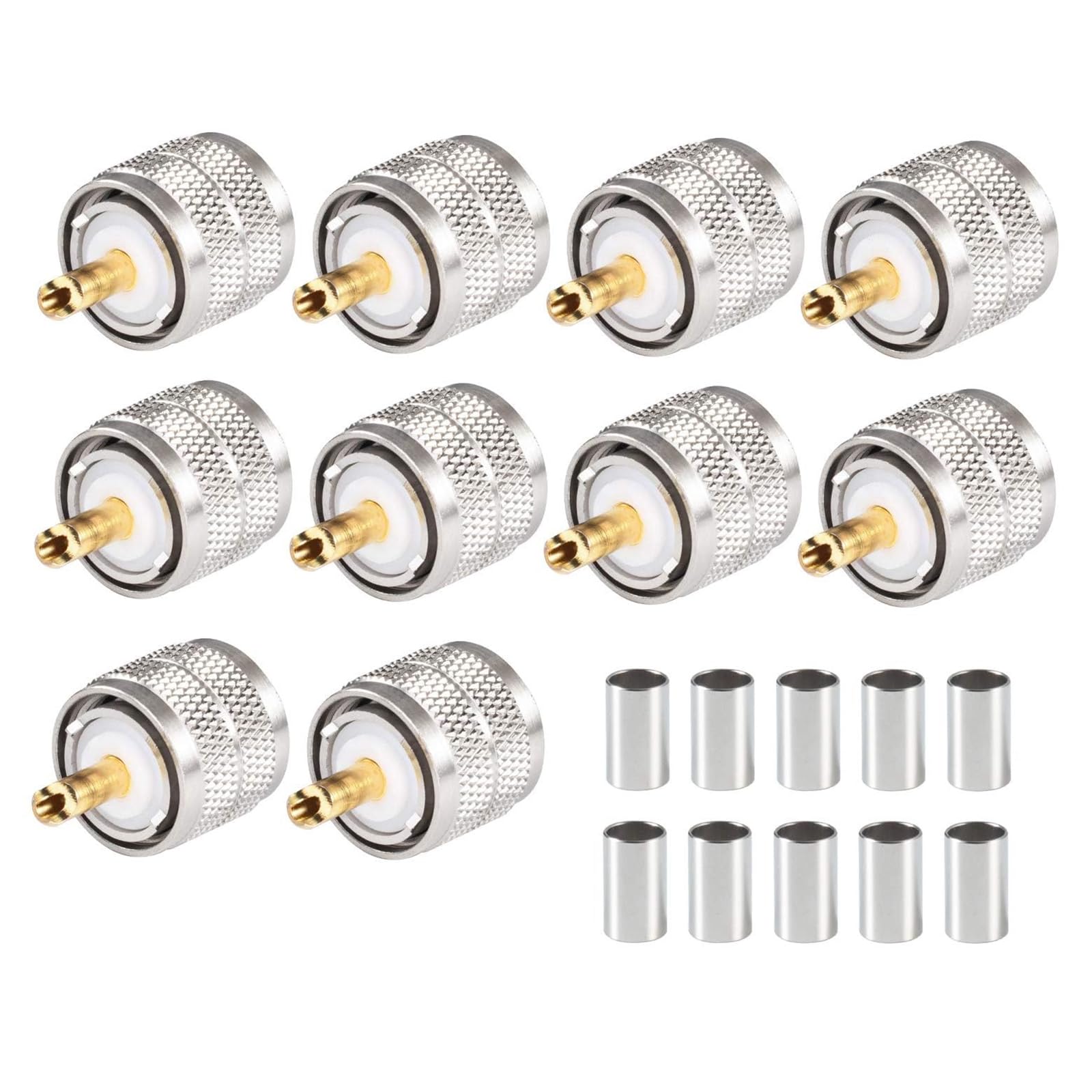 THE WHITE SHOP UHF 10PCS Plug Crimp Male PL-259 RG59 Coaxial Cable - All-Copper Gold-Plated BNC Male to Male Connectors for CCTV, TV, and Signal Transfer