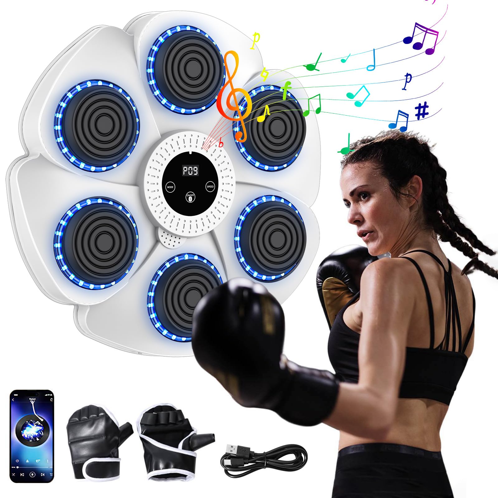 Macchina da boxe musicale con guantoni da boxe, macchina da boxe intelligente con Bluetooth e velocità regolabile, macchina da boxe montata a parete, dispositivi di allenamento per adulti e bambini