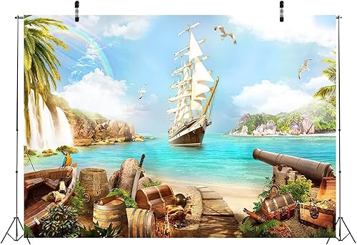 Miniatura 4 de BELECO Telón de fondo de tela de 9 x 6 pies, diseño de pirata, barco pirata, cofres del tesoro, barriles, loro, océano, velero, montaña, cascadas,
