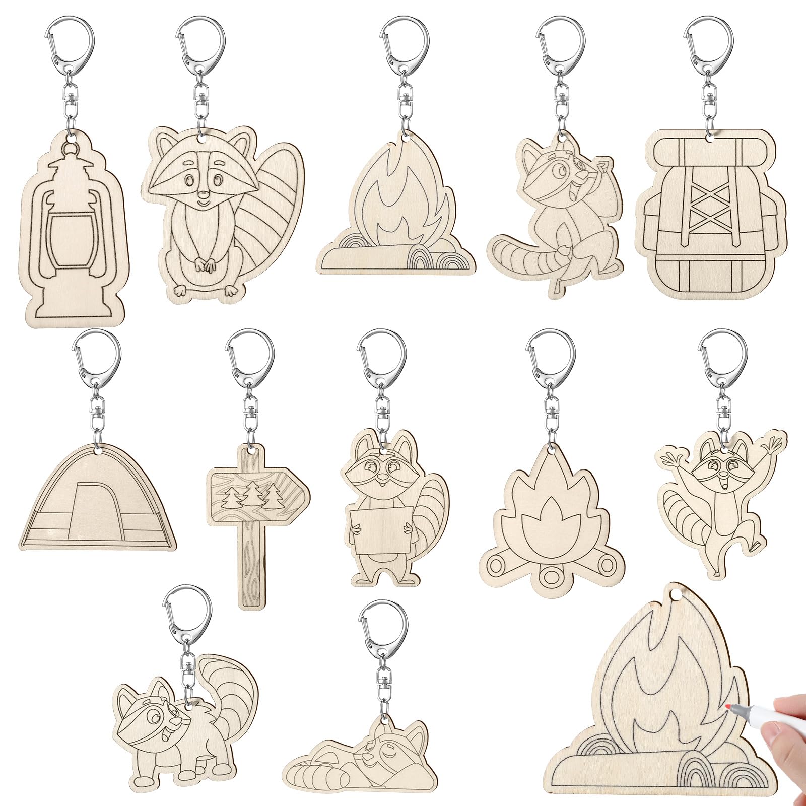 RattanView 24 Pcs Camp Craft Color Your Own Keychains DIY Craft Wooden Blank Keychains for Sunday School Classroom Home Active Party Favors Gifts, 12 Styles