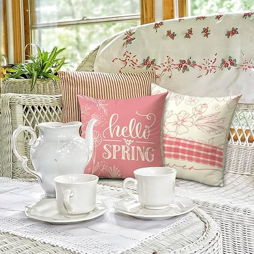 Miniatura 4 de Cirzone Juego de 4 fundas de almohada de primavera de 18 x 18 pulgadas, decoración de primavera, fundas de almohada para exteriores, fundas de