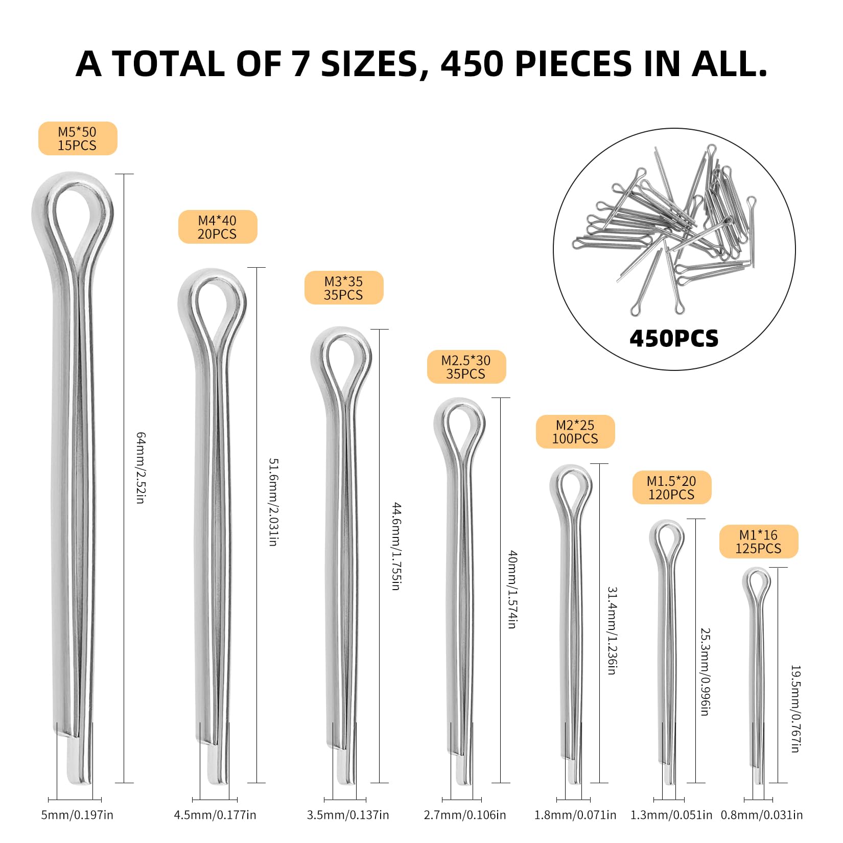 Coppiglie Acciaio Inox 450 Pz, Coppiglia Spine Elastiche, Coppiglia di Bloccaggio per Trattori Auto Riparazioni