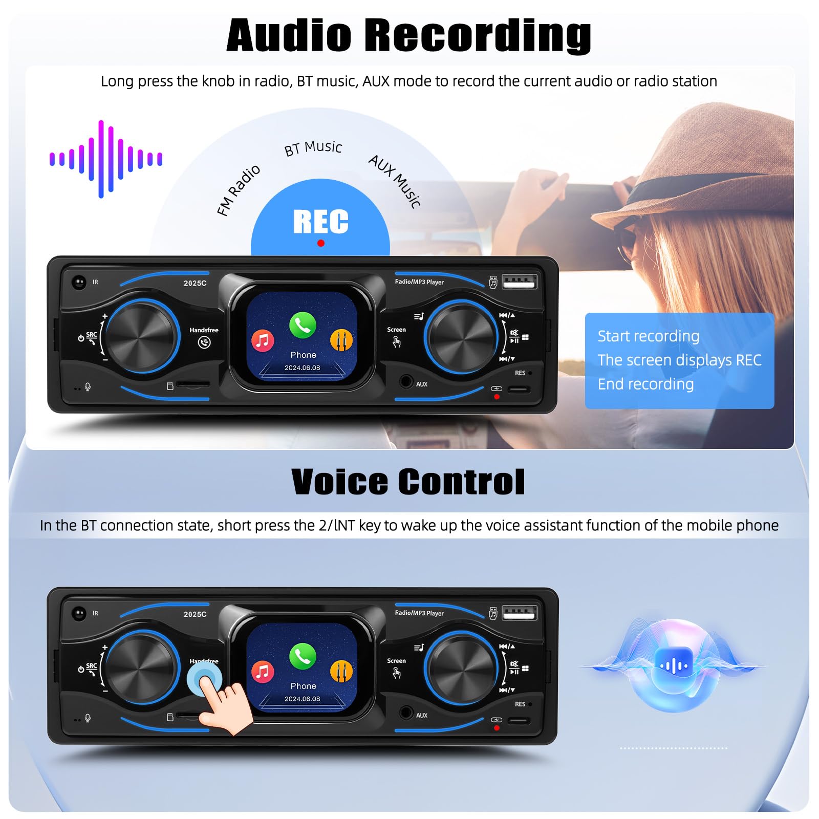 Single Din Car Stereo Marine Radio Bluetooth Multimedia Car Audio Receiver with Digital LCD Display FM Car Radio USB/Type-C/SD/AUX-In MP3 Player Lossless Sound Quality Quick Charge+ SWC