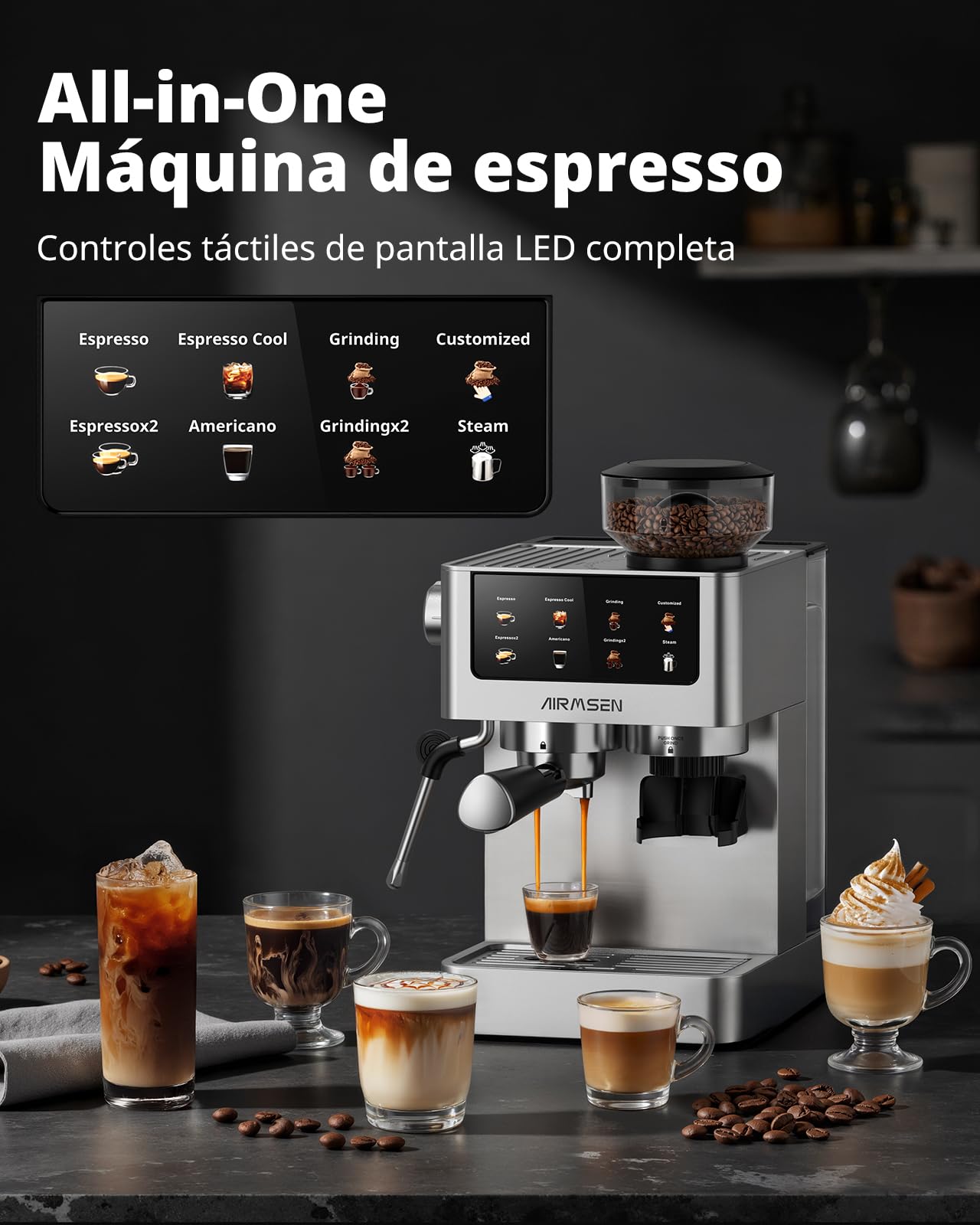 AIRMSEN 20 Bar Siebträgermaschine mit Kegelmahlwerk & Milchschäumer, 1.8L Wassertank, Edelstahl Espressomaschine Kaffeemaschine für Americano, Cappuccino und Latte