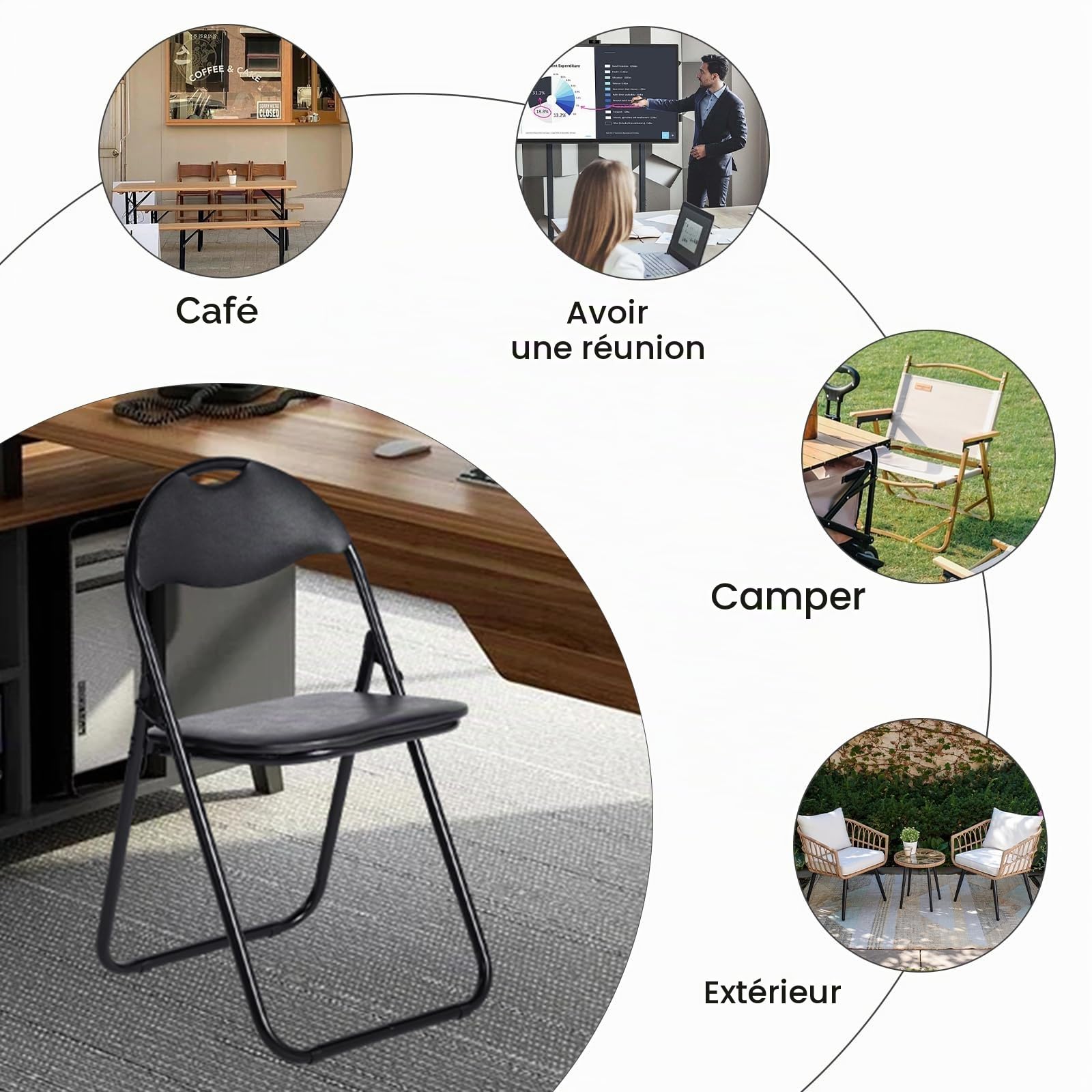 Chaise Pliante en métal, Lot de 12 avec Rembourrage en PVC et Dossier. Chaise Pliante Confortable pour invités, Cuisine, Camping – Noir