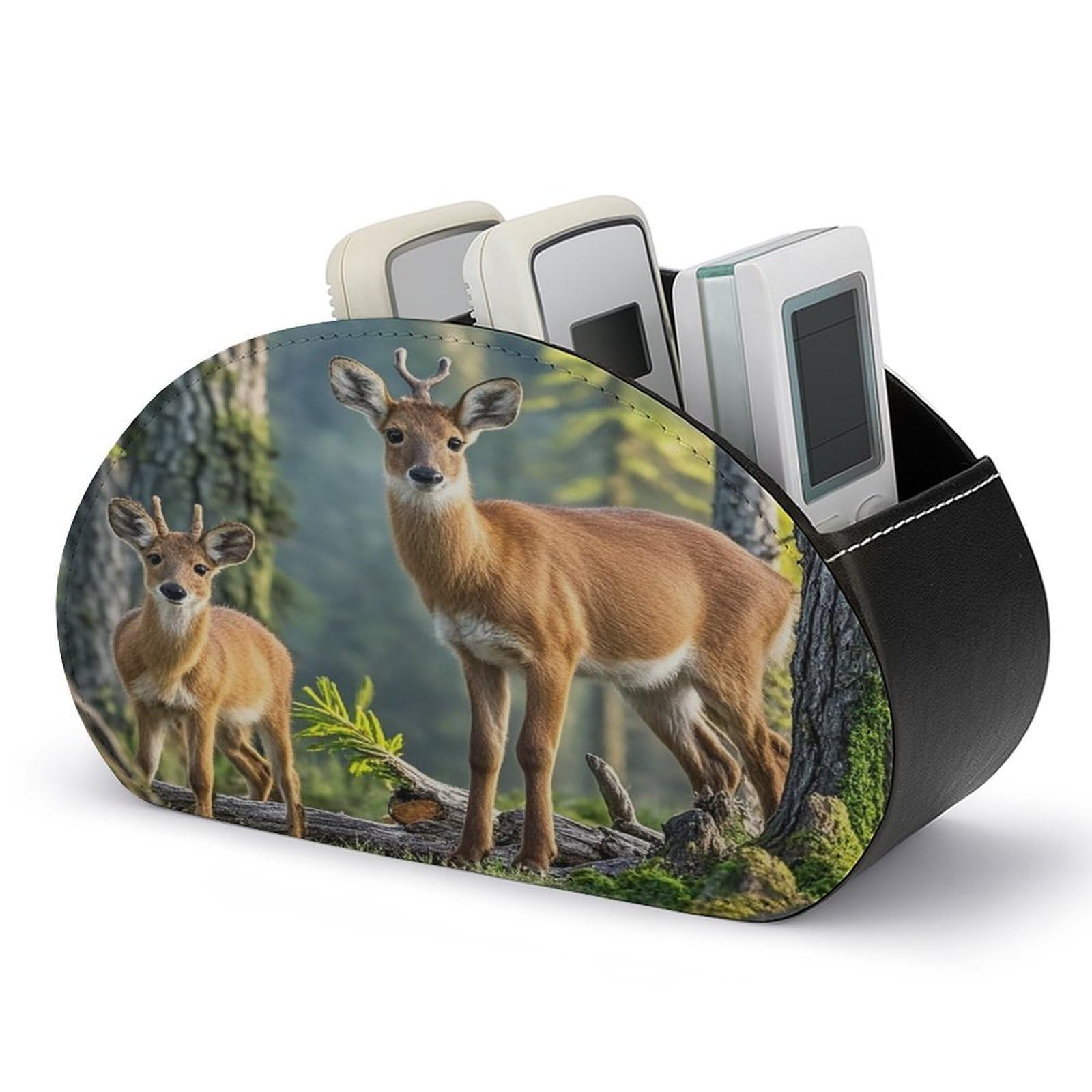 FekiLoot Animals And Woodland Remote Control Holder with 5 Compartments Multi-functional TV Remote Caddy Organizer Leather TV Remote Holder Desktop Organizer Store for Bedside Table Office Desk