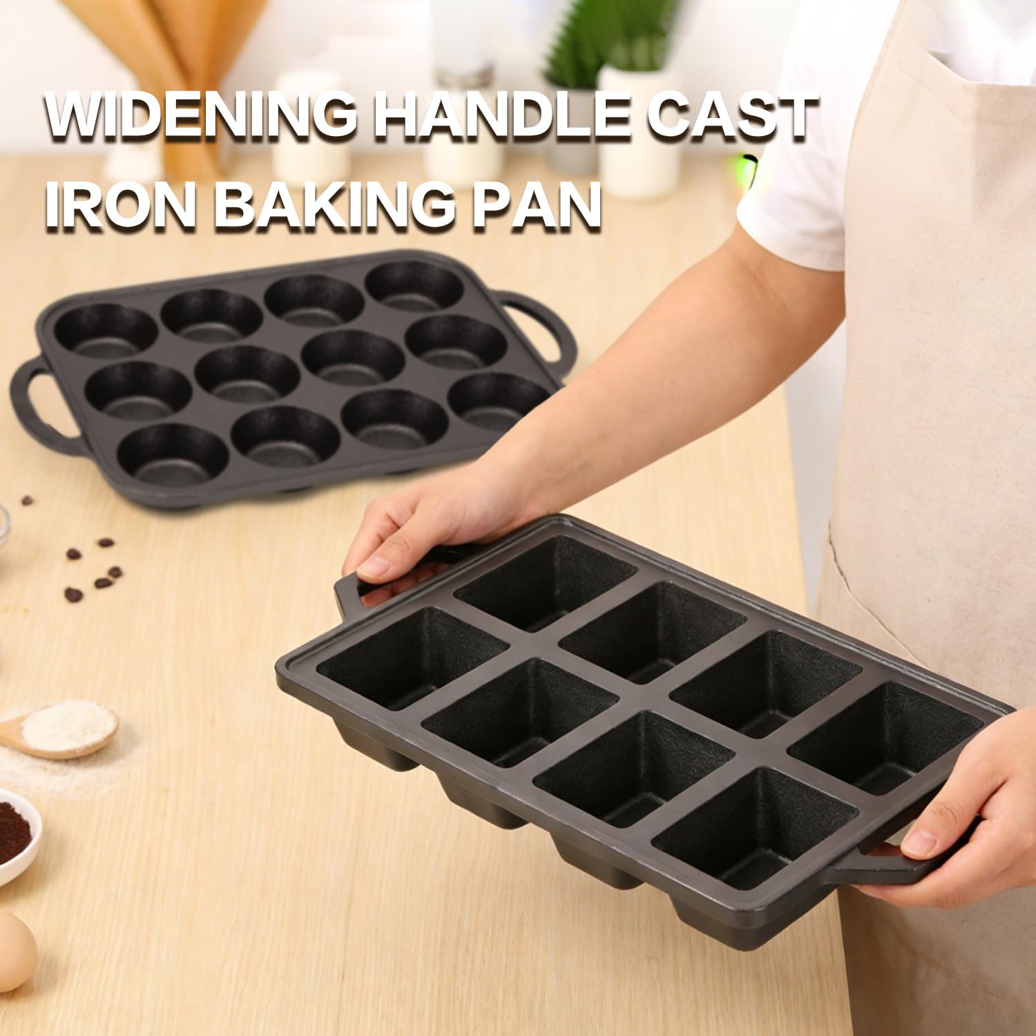 Flavehc Gusseisen-Muffinformen für 12 Tassen und Mini-Kastenformen aus Gusseisen, 8 Mulden, normale Größe, Cupcake-Form, vorgebrannte Kastenformen zum Backen