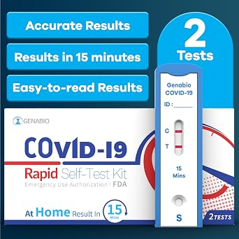 Genabio COVID-19 Antigen Rapid Self-Test Kit (2 Pack) FDA EUA Authorized | 15-Minute At-Home Results | OTC Nasal Swab Ages 2+ (1 Pack, 2 Tests)