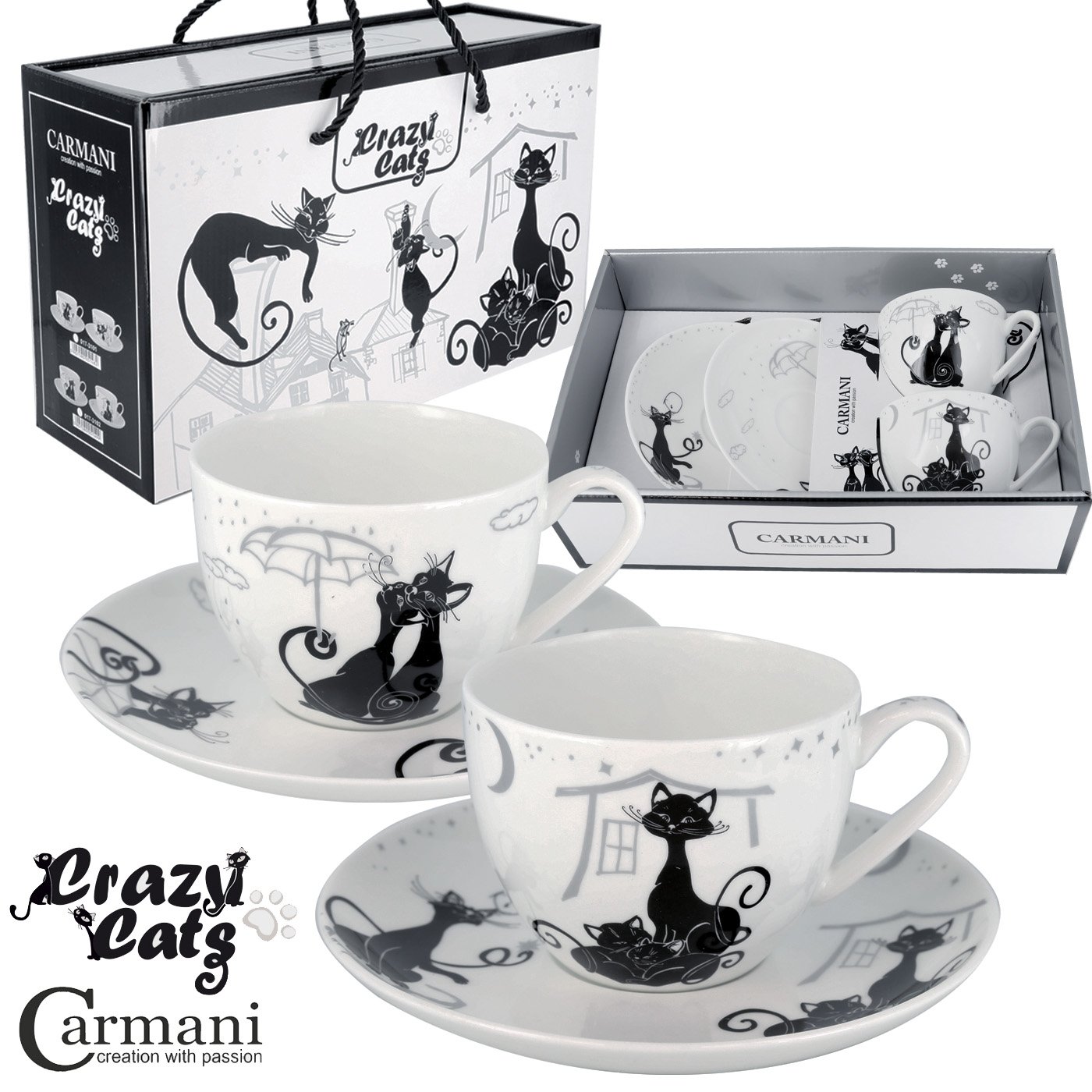 Tasse de thé et soucoupe motif Chats fous CARMANI ensemble de vaisselle 200 ml