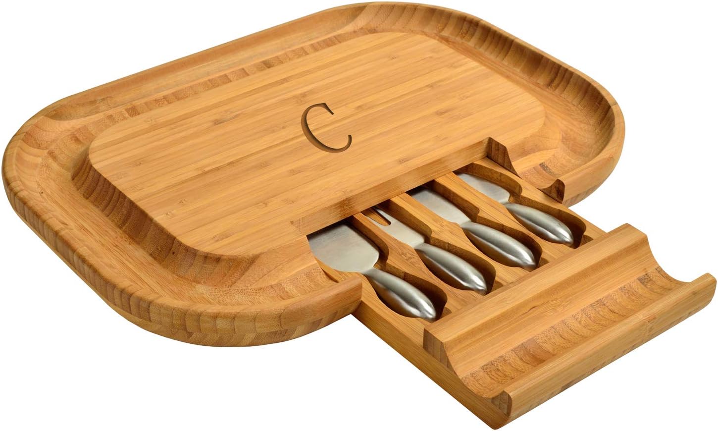 Picnic at Ascot Personalized Monogrammed Engraved Bamboo Cutting Board for Cheese & Charcuterie - includes Knife Set & Cheese Markers- Designed & Quality Checked in USA