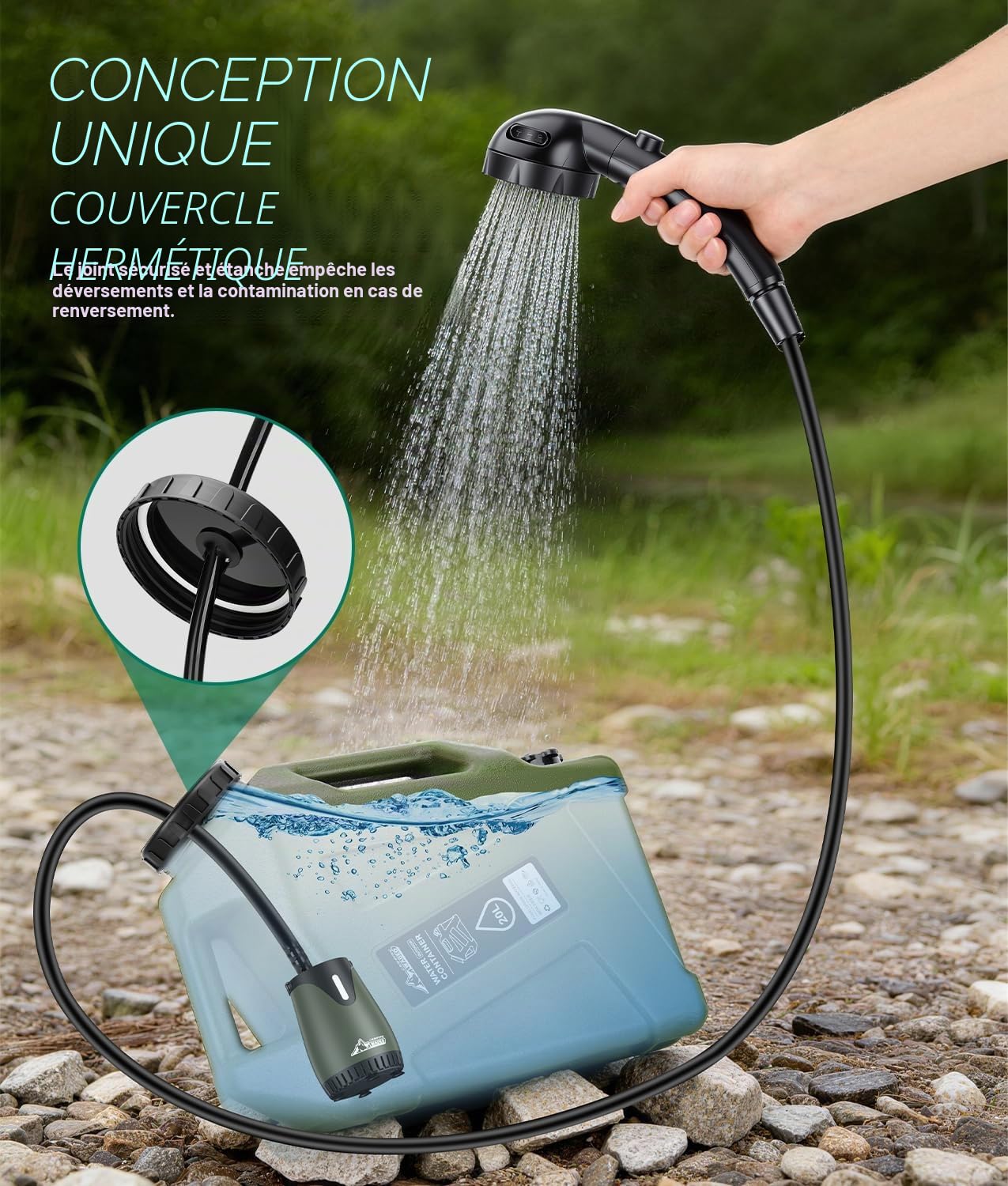 WADEO Douche de Camping Portable – Réservoir d’Eau 20 L, Pompe Rechargeable 5 Vitesses, Écran LED, IPX8 – Kit Extérieur pour Camping, Randonnée, Voyage, Lavage Auto, Bain Animal, Plage