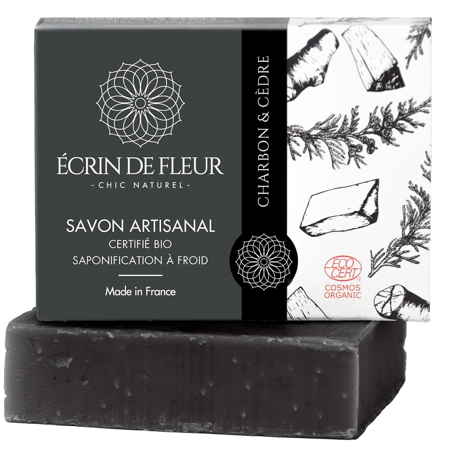 Écrin de Fleur – Jabón Desintoxicante de Carbón y Cedro - Jabón Artesanal Saponificado en Frío Orgánico, 1x90g