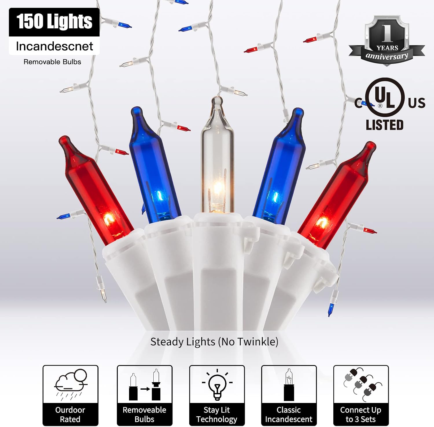 4th of July Decor Icicle Lights, 10.8ft Patriotic String Lights, Red White Blue Lights for Independence Day, Plug in White Wire Waterproof Decorative Lights Outdoor Indoor, Connectable to 3 Sets