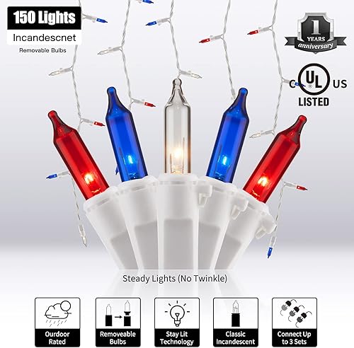 Miniatura 2 de Luces de carámbano decorativas para el 4 de julio tira de luces patrióticas de 108 pies luces rojas blancas y azules para el día de la independencia