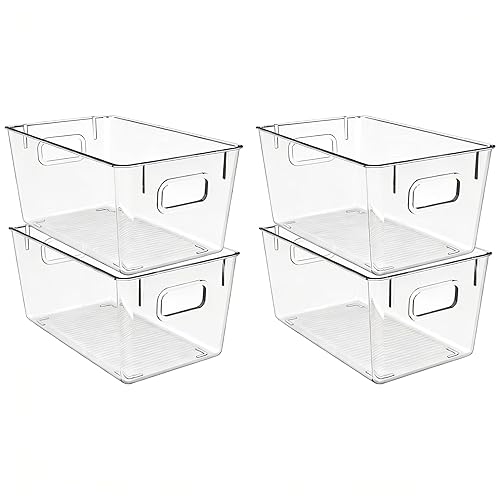 4 Pack Clear Plastic Storage Bins with Handles, Stackable Organizer