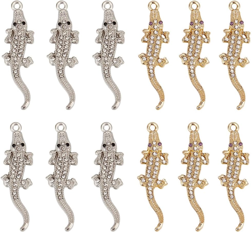 SUNNYCLUE 1 Box 20Pcs Crocodile Charm Alligator Charms Bulk Alloy Metal Rhinestone Gold Silver Animal Long Tail Gothic Charm for Jewelry Making Charms DIY Earrings Bangle Necklace Keychain Crafting