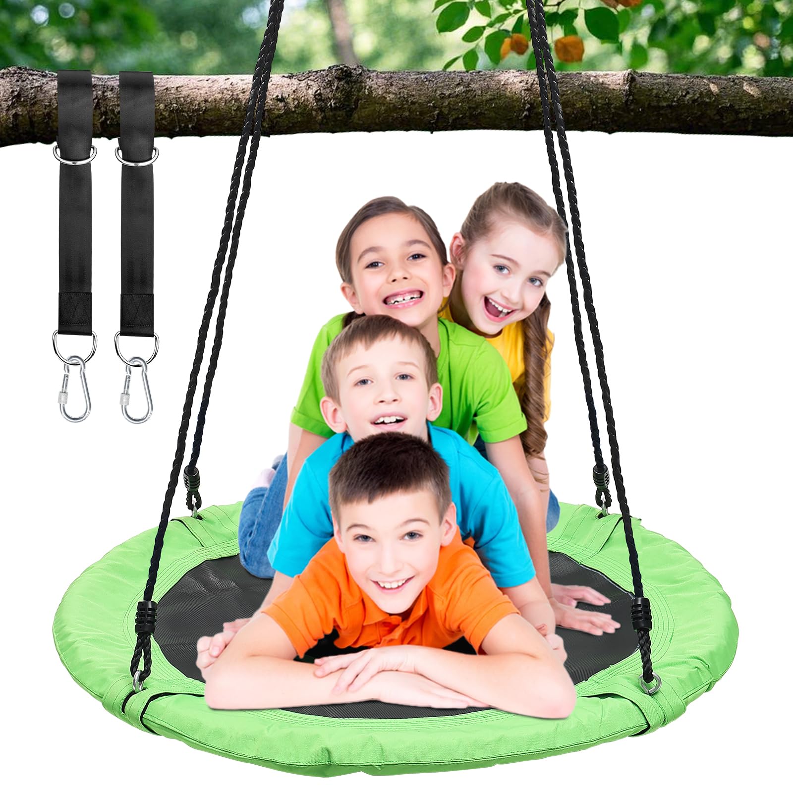 Tree Swing for Kids Outdoor, 40 Inch Saucer Swings for Swingset, Round Tree Swing for Adults Play Outside Heavy Duty 750 Lb Capacity, Circle Disc Swings with Hanging Straps, Vibrant Green, Child Gift