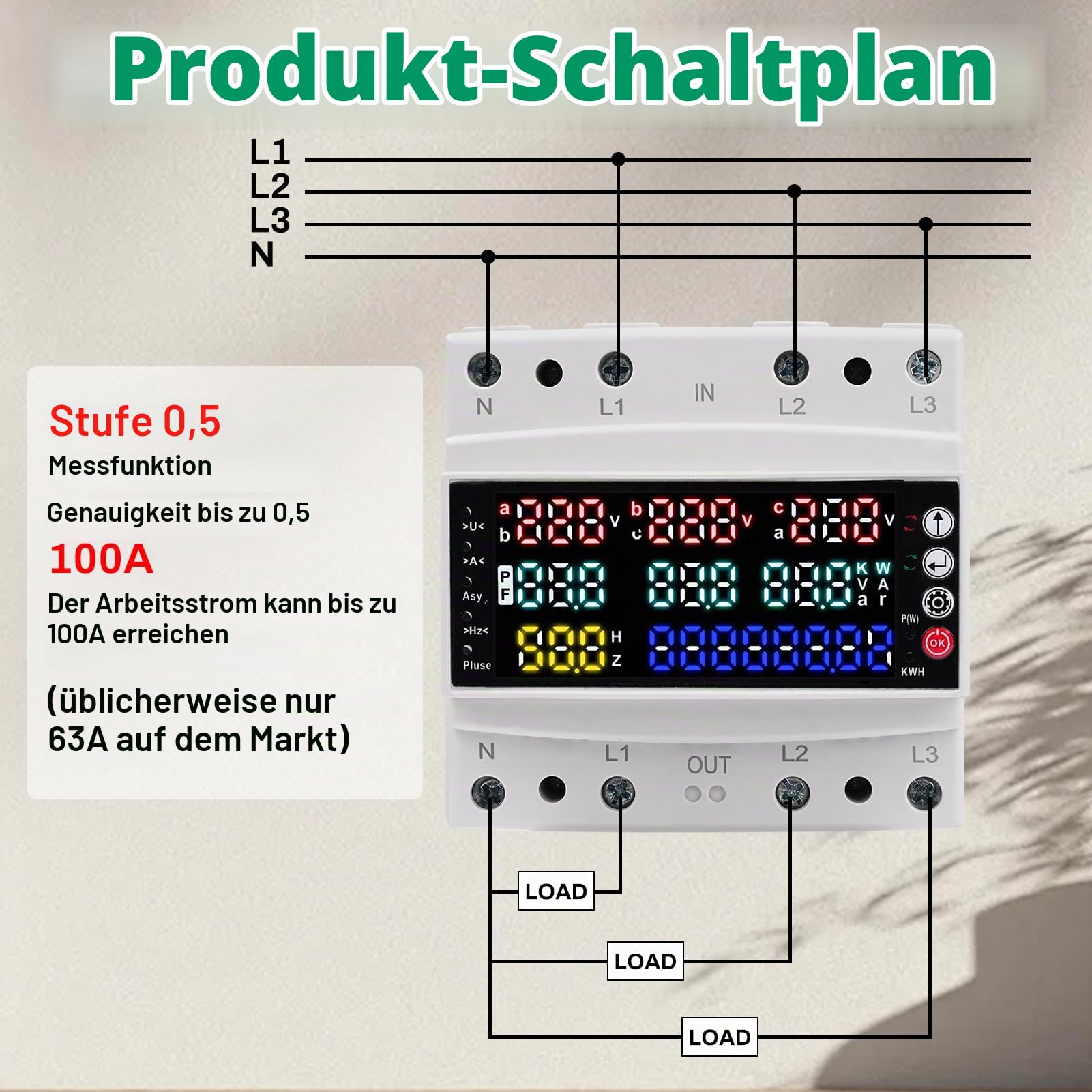 DEWIN Stromzähler 3 Phasen, Drehstromzähler Hutschiene Multifunktion LCD Digitaler Stromzähler Ampere Volt Leistung Energiezähler 100A 3X230V / 400V