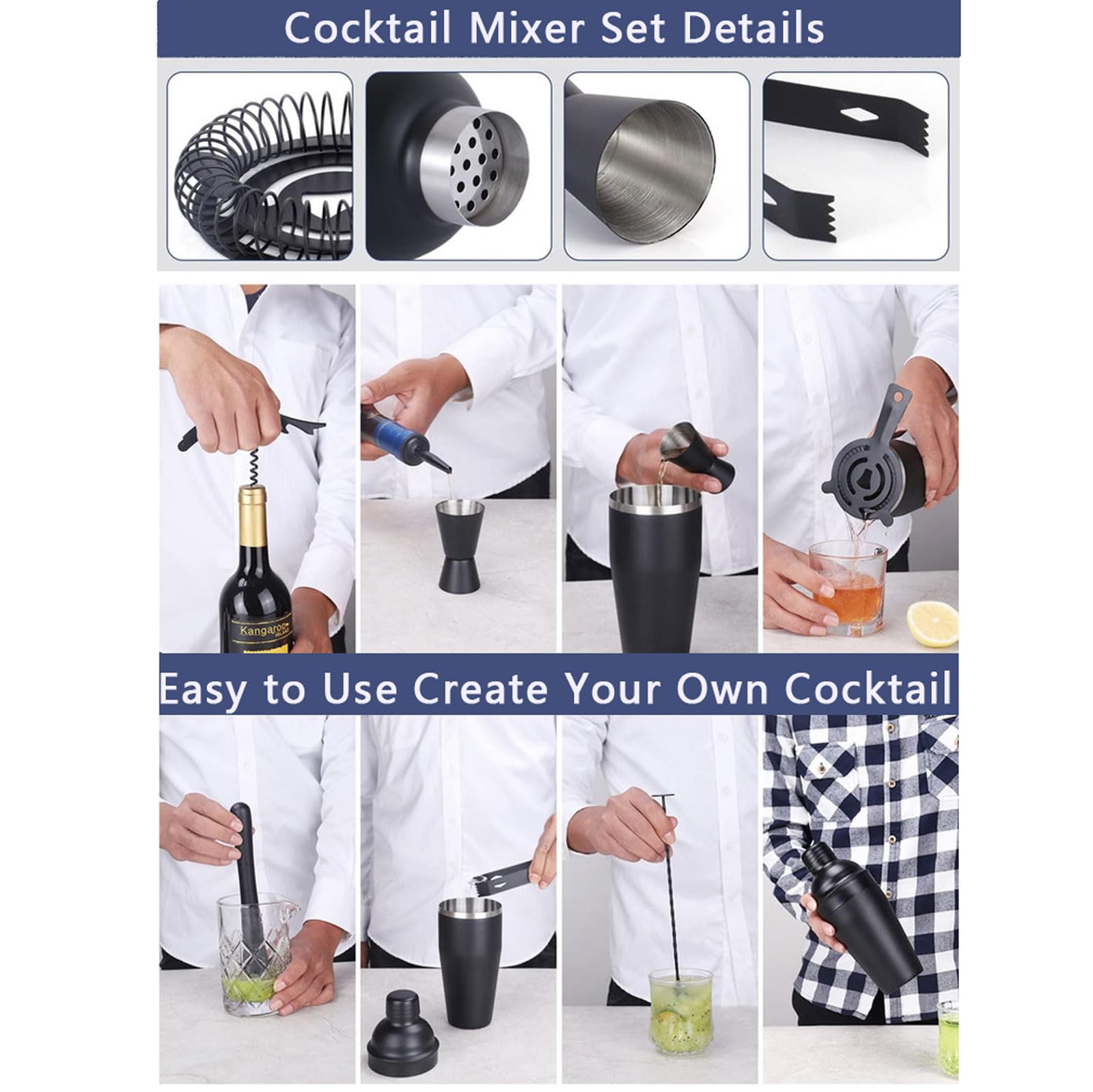 Coctelera para Cócteles Kit 12 piezas Coctelera de Acero Inoxidable Con Soportecon Mortero de Cóctel accesorios de bar Profesional Barman Herramientas para Mezclar Bebidas,Barra,hogar,Fiestas