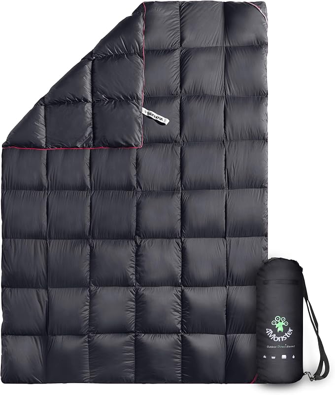 4Monster Manta de plumón para acampar, manta hinchada ultraligera y plegable con potencia de relleno de 650, colcha para exteriores cálida, impermeable y resistente al viento para mochileros, viajes, estadio, playa