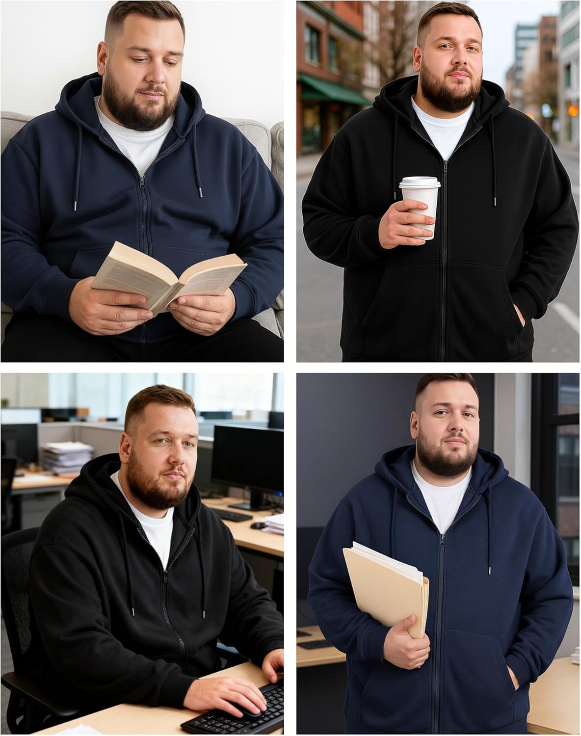 Chicingyou 2 Pcs Men's Big and Tall Lightweight Fleece Full-zip up Hoodie Jacket Loose Fit Sweatshirt Jacket with Pocket