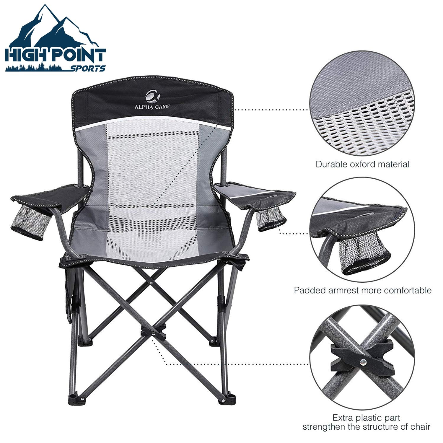 HIGH POINT SPORTS Campingstuhl Faltbar Angelstuhl Mesh-Rücken Klappstuhl | Camping Stuhl 160 kg Belastbar Anglerstuhl mit Armlehne Getränkehalter Stahlrahmen Tragbar Campingsessel (Schwarz)