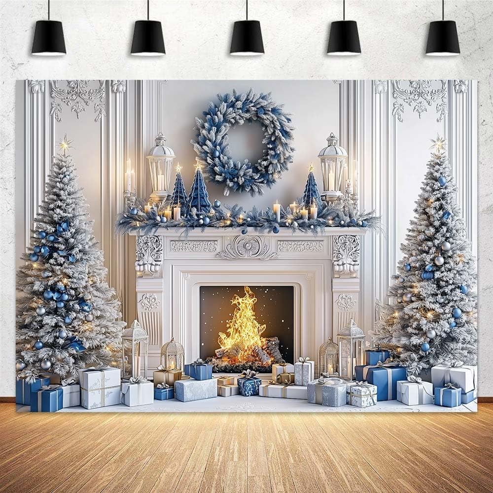 10x8ft Blue Christmas Fireplace Backdrop for Photography Blue Christmas Trees Fireplace Winter Wonderland Christmas Scene Xmas Party Decorations Background Holiday Family Party Photo Studio Props