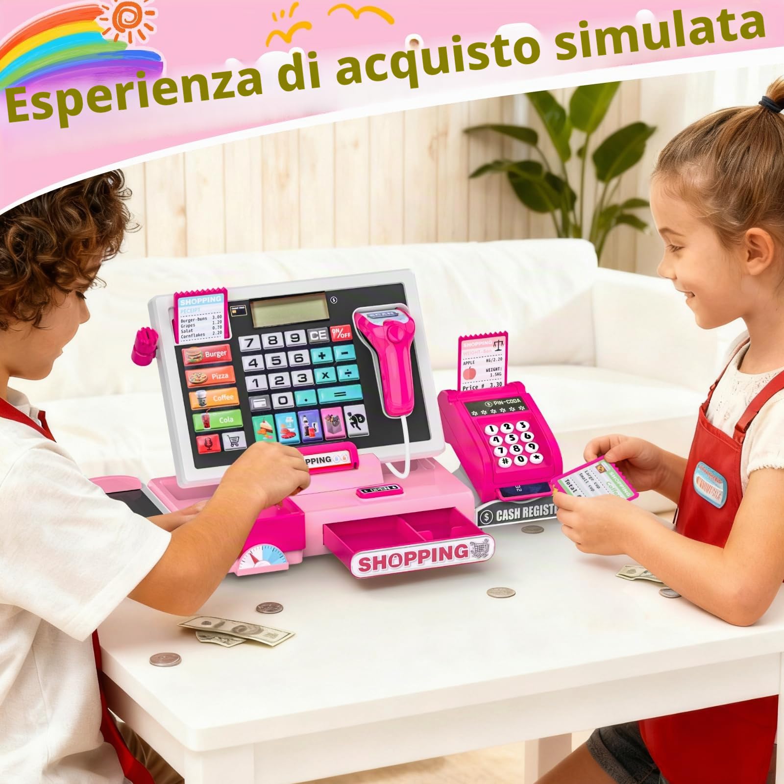 Registratore di cassa per bambini elettronica, cassa del supermercato con scanner e suono, giocattolo moneta per bambini con accessori, gioco educativo per bambini dai 3 anni (Rosso)