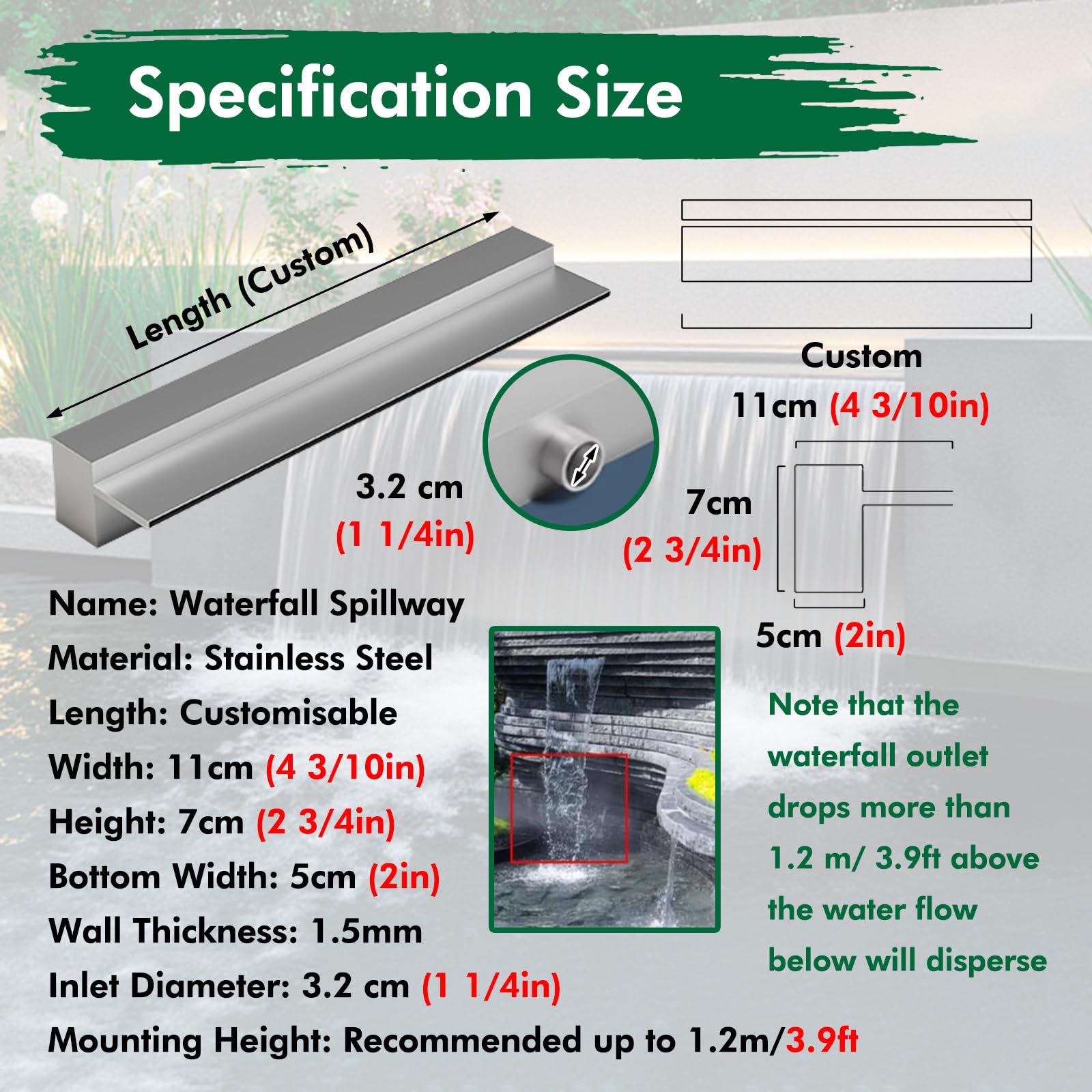 Cascata personalizzata Spillway Box – Resistente fontana d'acqua esterna per patio, stagni e giardini paesaggistici sistema di troppopieno da incasso e design elegante