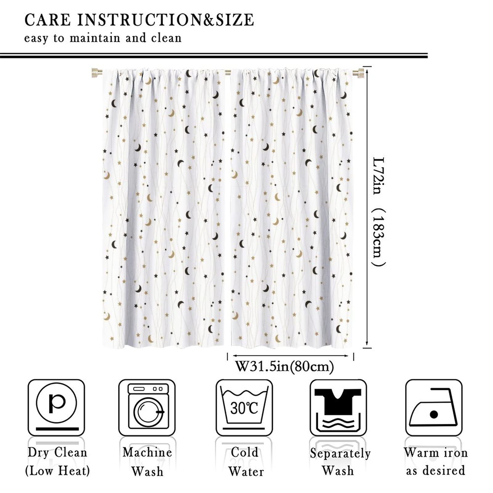 Star Moon Curtains Beautiful Children's Room Decor Cartoon Theme Rod Pocket Blackout Window Drapes 2 Panels Set 63x72in