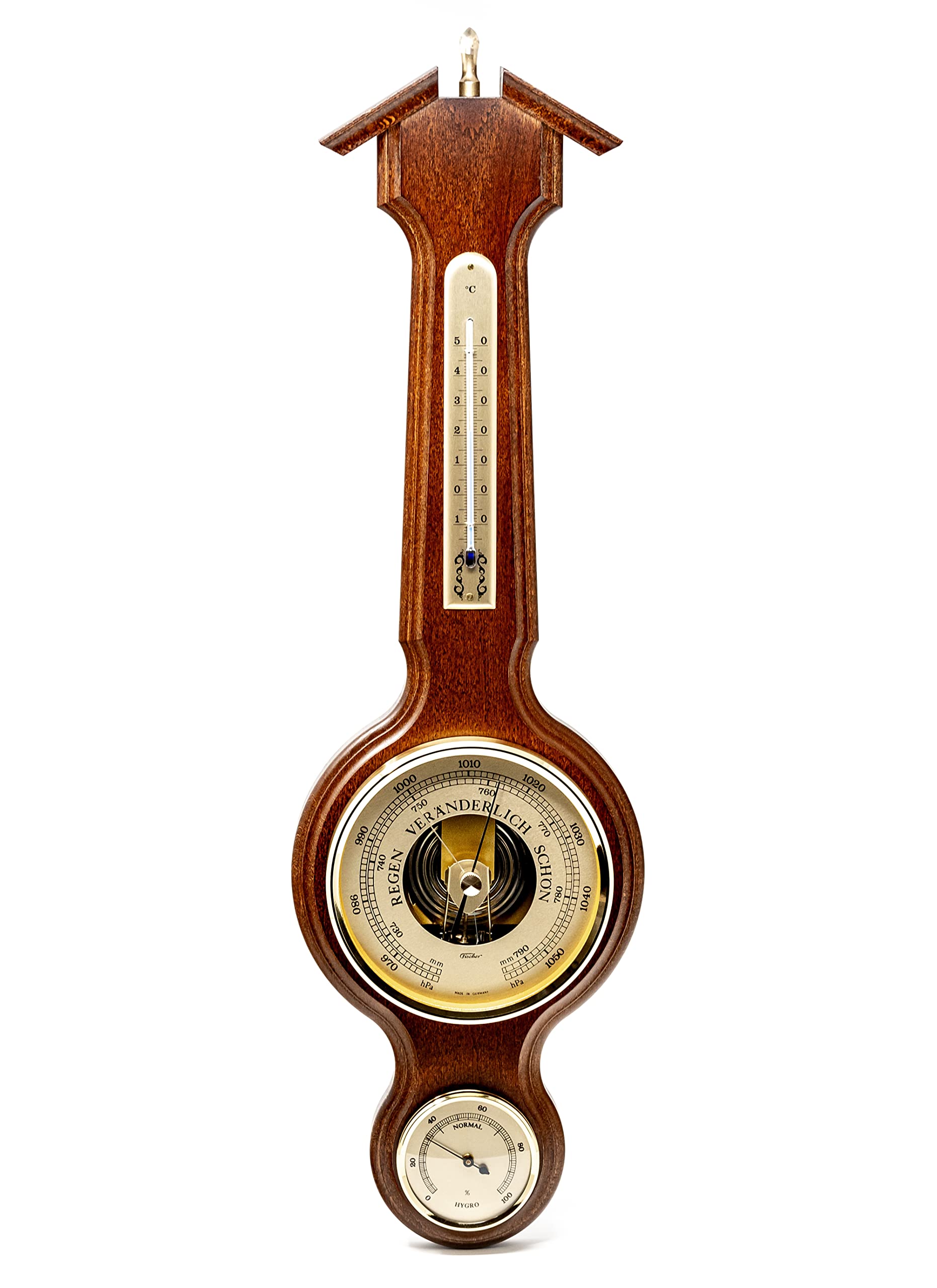 Fischer 4673-12 - Stacja pogodowa - Obserwatorium pogodowe z termometrem, barometrem, higrometrem - Obudowa z prawdziwego drewna, wykonana w Niemczech