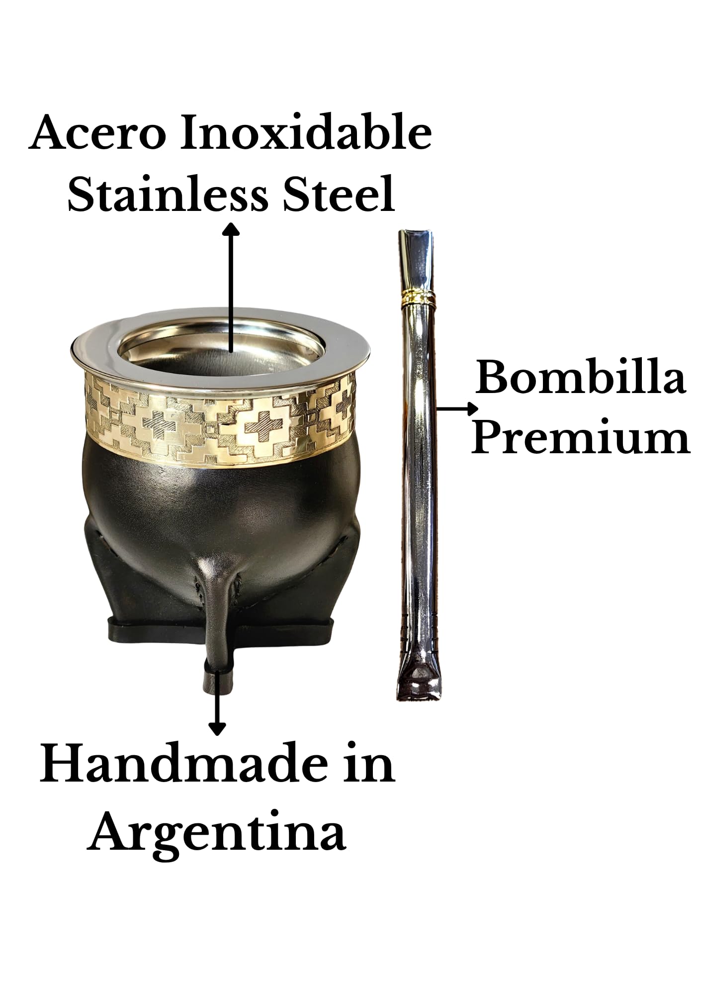 Taza Mate Imperial Argentino Premium - Hecho de Acero Inoxidable Térmico - Exterior Cuero Negro con Plata Alemana - Calabaza Yerba Mate Moderna - Incluye Bombilla de Regalo.