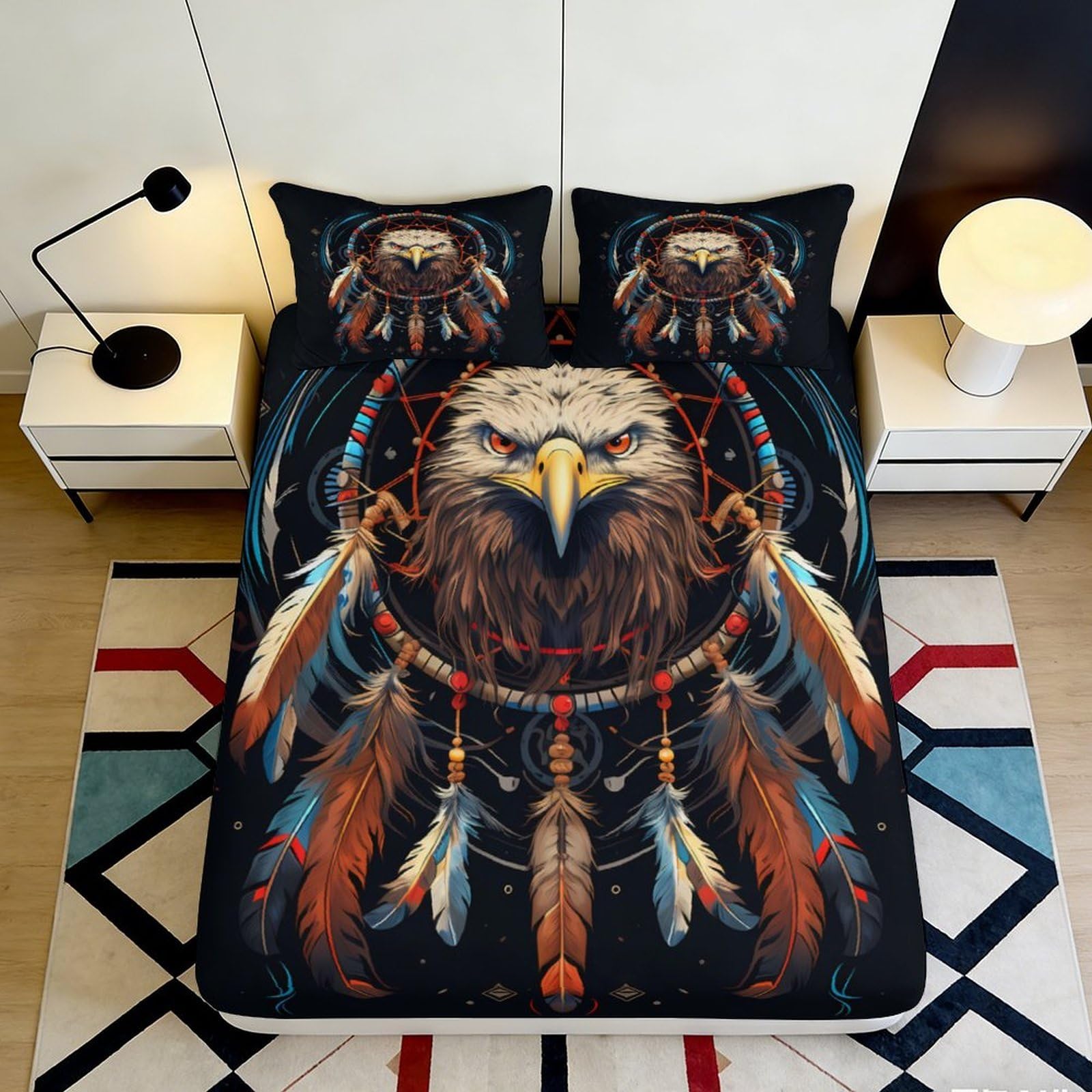 3D Printed Eagle Dreamcatcher Fitted Sheet Microfiber Anti-Slip Black Native Feather Mattress Cover Bedroom Decor 200x200x25cm