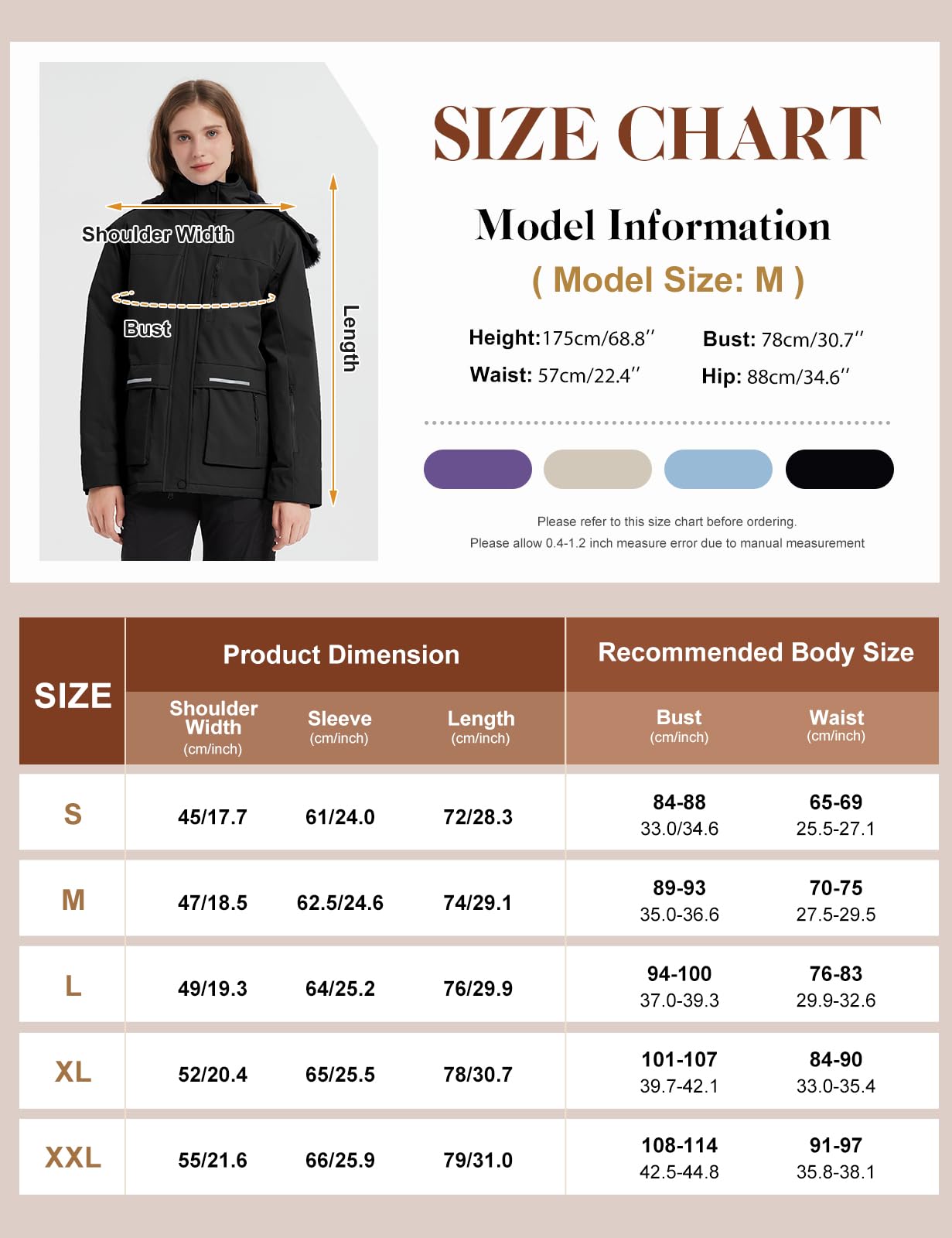 Voqeen Veste Ski Femme Blouson Femme Hiver Imperméable Pour la Montagne Veste Polaire Coupe-vent avec Capuche Amovible pour Femmes