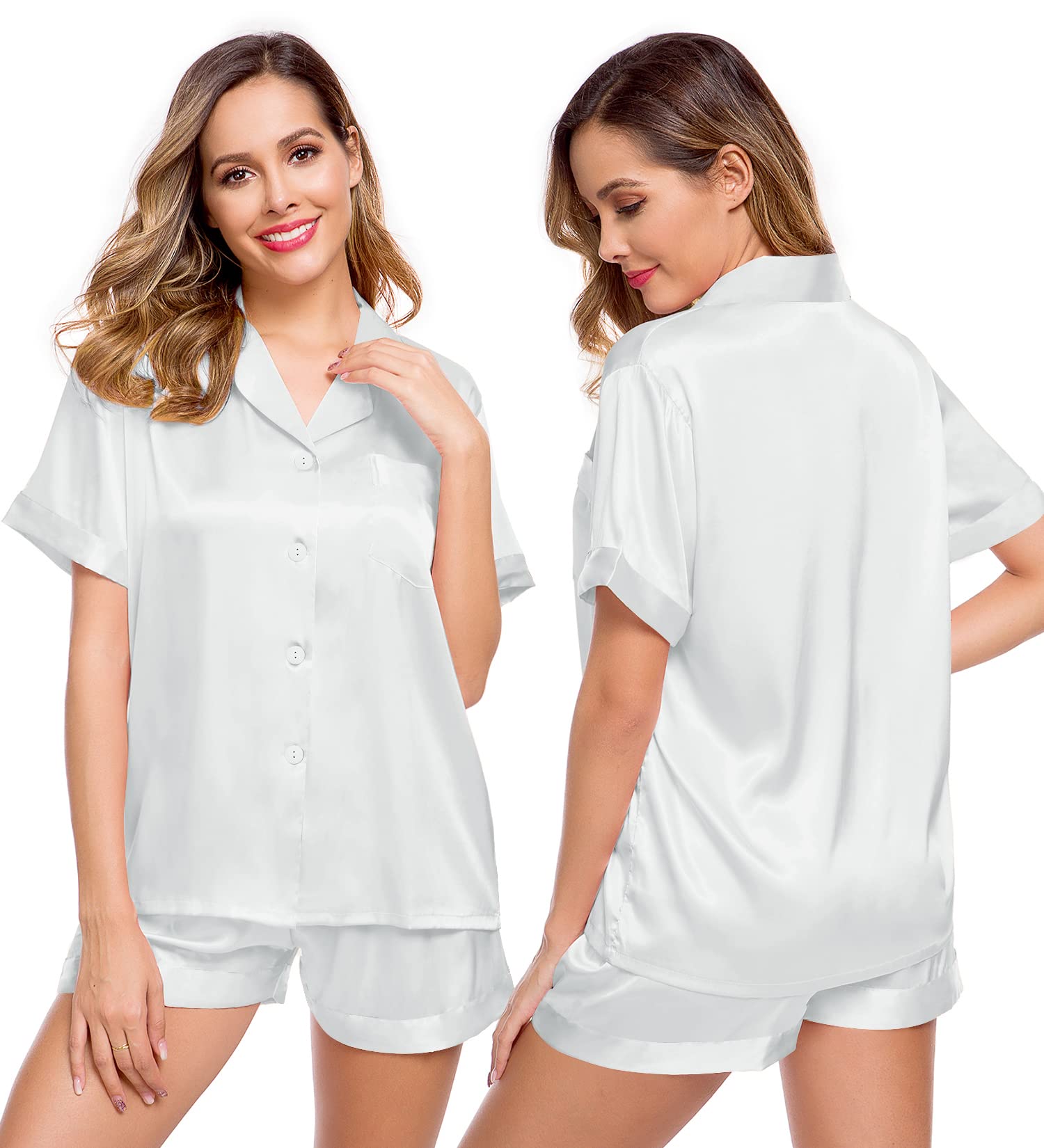 LecGee Womens Silk Satin Pajamas Short Sleeve Loungewear Two-Piece Sleepwear Button-Down Pj Set