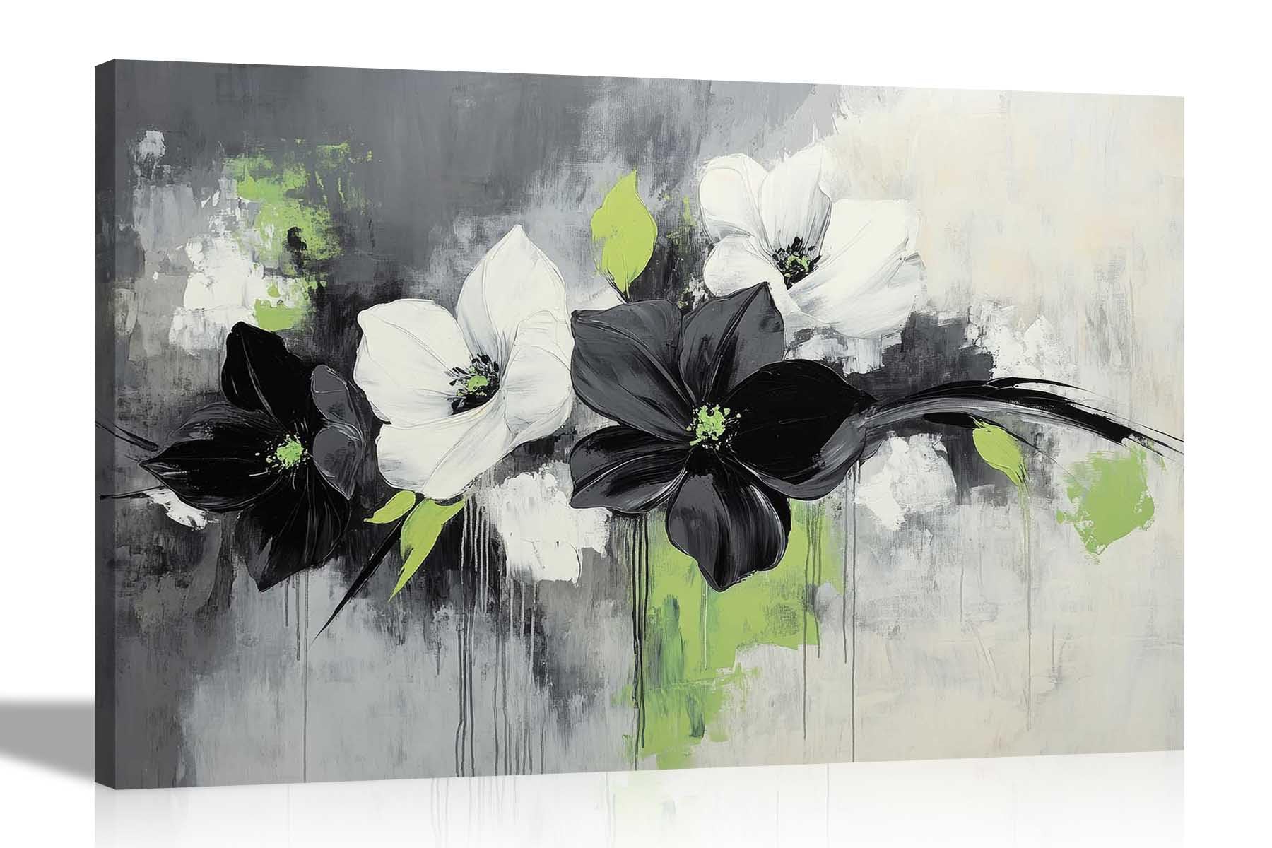 Artley Prints Black White Green Flowers - Black And White Flowers Floral Canvas Wall Art For Home Office Conservatory Gardening Prints Ready To Hang Pictures 40 X 30Cm (16 X 12 Inches) A3