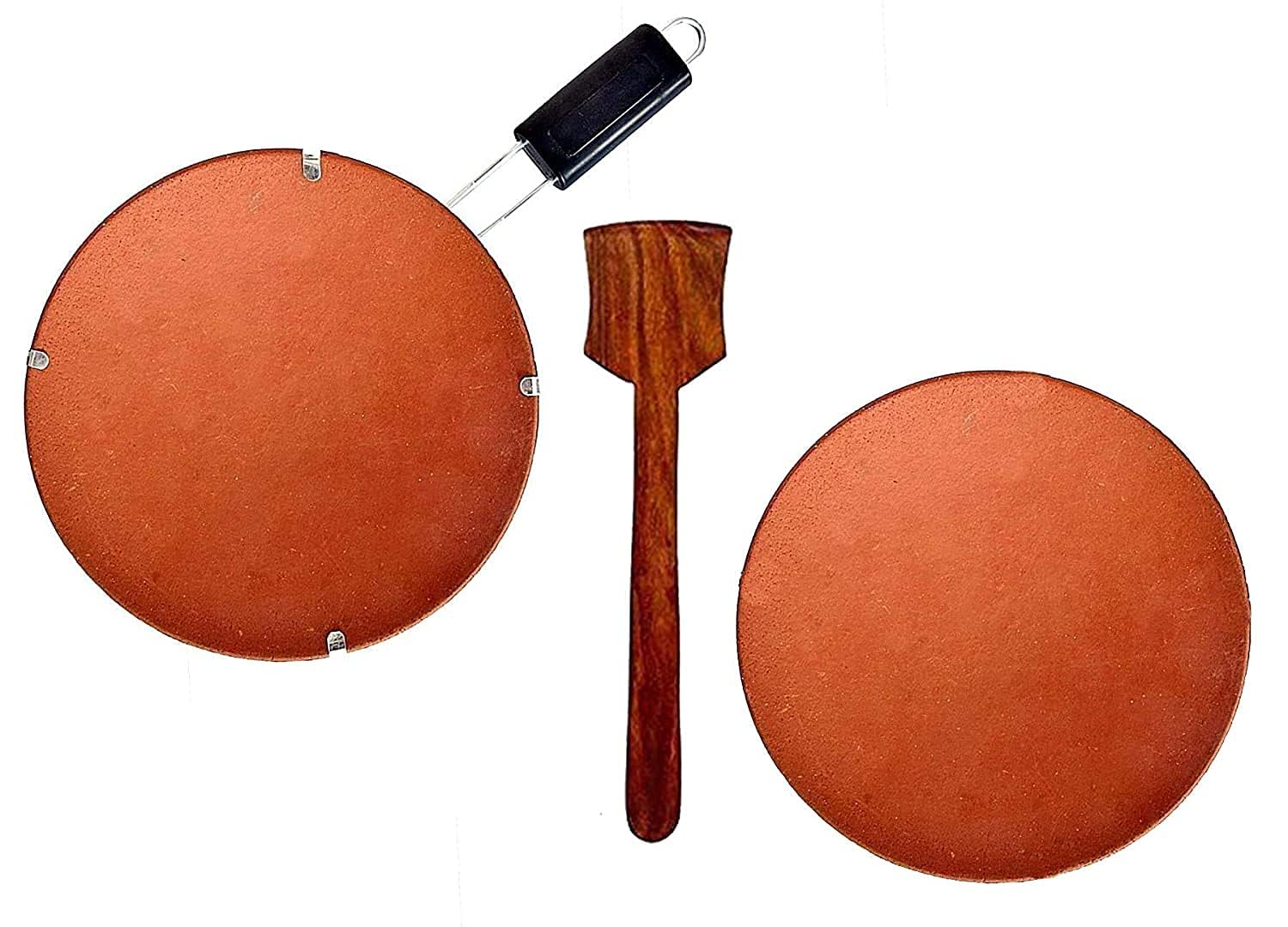 Earthenware Clay Tawa with Stand Mitti and Organic Clay Tawa with Handle - Inclued Extra Tawa Plate and Wooden Spatula Earthen Cookware - 10 Inch, Brown