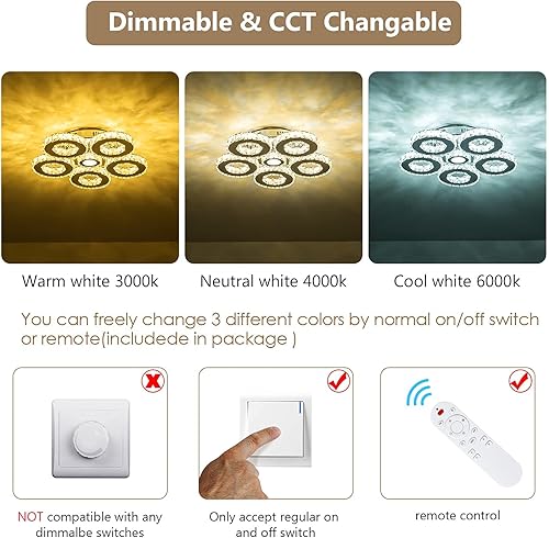 Miniatura 3 de KKMYWAN Lámpara de techo de cristal empotrada LED regulable con control remoto de 5 anillos, lámpara de techo para dormitorio, sala de estar,