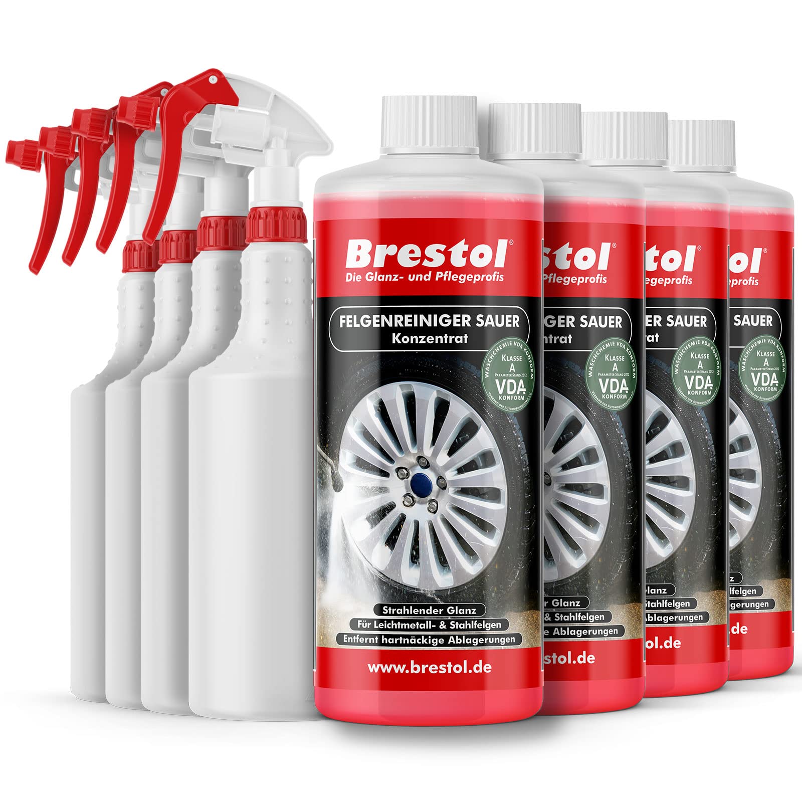 Brestol Felgenreiniger Konzentrat Set3 (4 Liter Konzentrat + 4X Sprühkopf + 4X Leere 750 ml Flasche) - für Alufelgen Stahlfelgen Autofelgen Leichtmetallfelgen = 40 Liter gebrauchsfertige Lösung