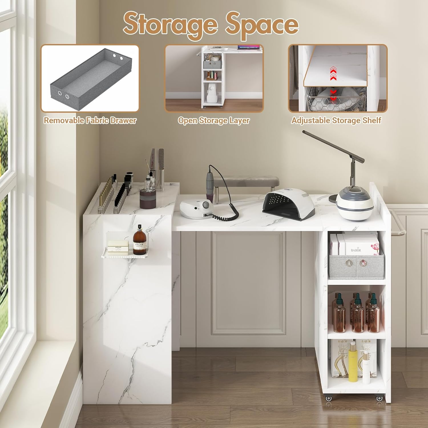 Foldable Manicure Table Nail Desk, Expandable Nail Tech Table with Storage Fabric Drawer Adjustable Shelf, Wall Mount Nail Station Modern Multipurpose Table Home Office Beauty Spa Salon, White Marble