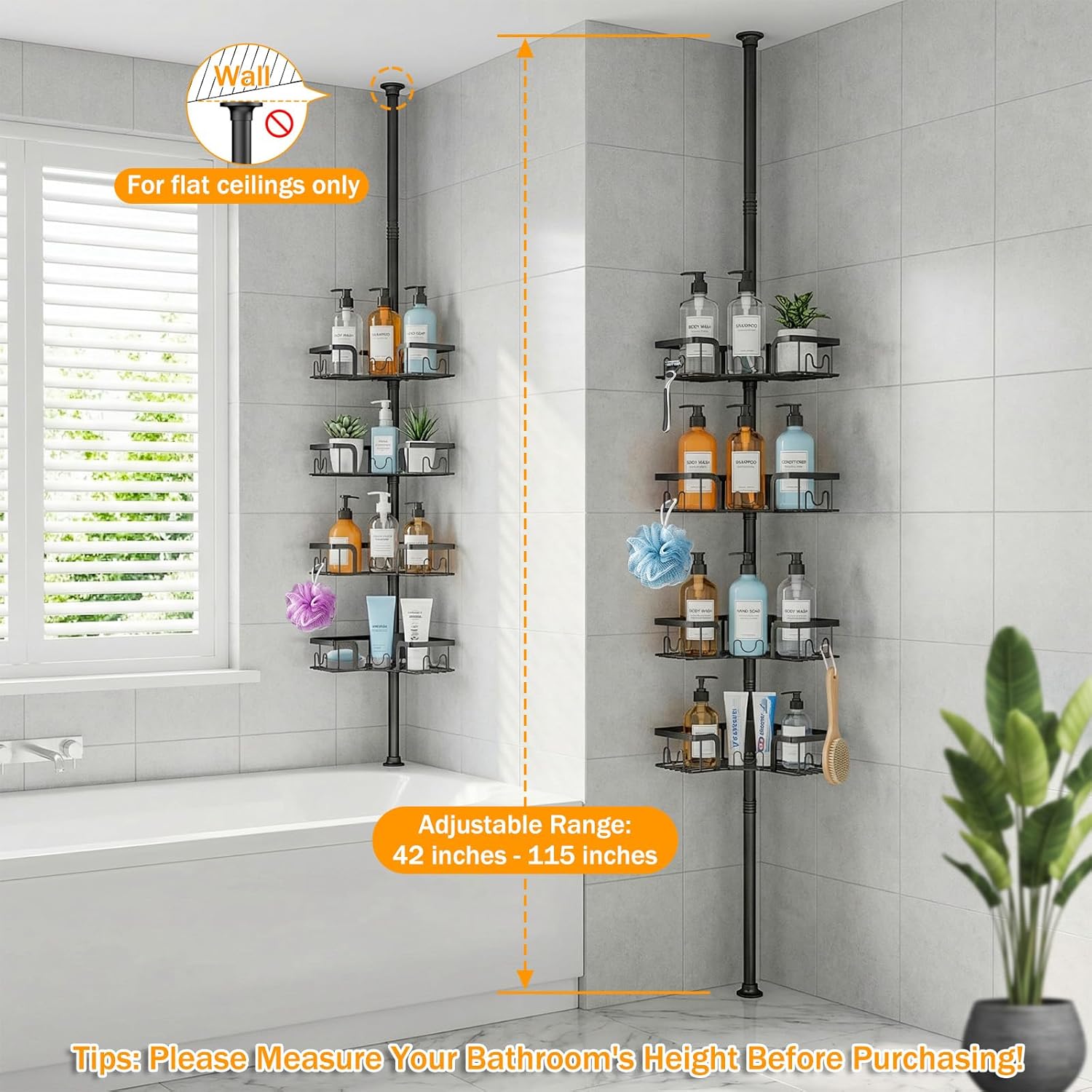 Corner Shower Caddy with Tension Pole, 4-Tier Rustproof Bathroom Organizer Shelves, No-Drill Adjustable Shower Storage Rack 42–115 Inches, Space-Saving Floor Standing Shower Organizer