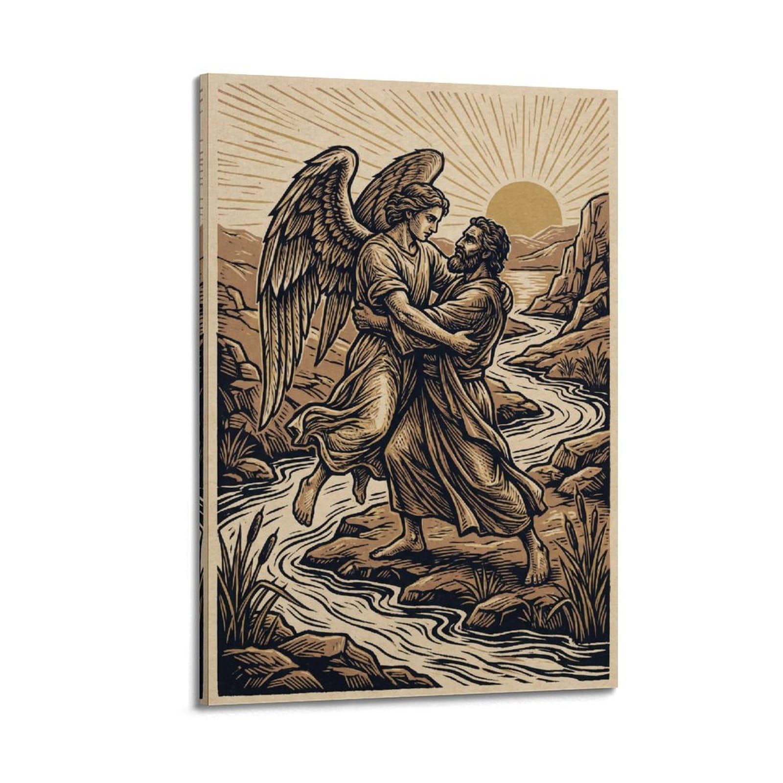OKNGB Bible Angel Poster Desert Patriarch Wrestling Holy Encounter Decorative Painting Canvas Art Picture 20x30inch(50x75cm)