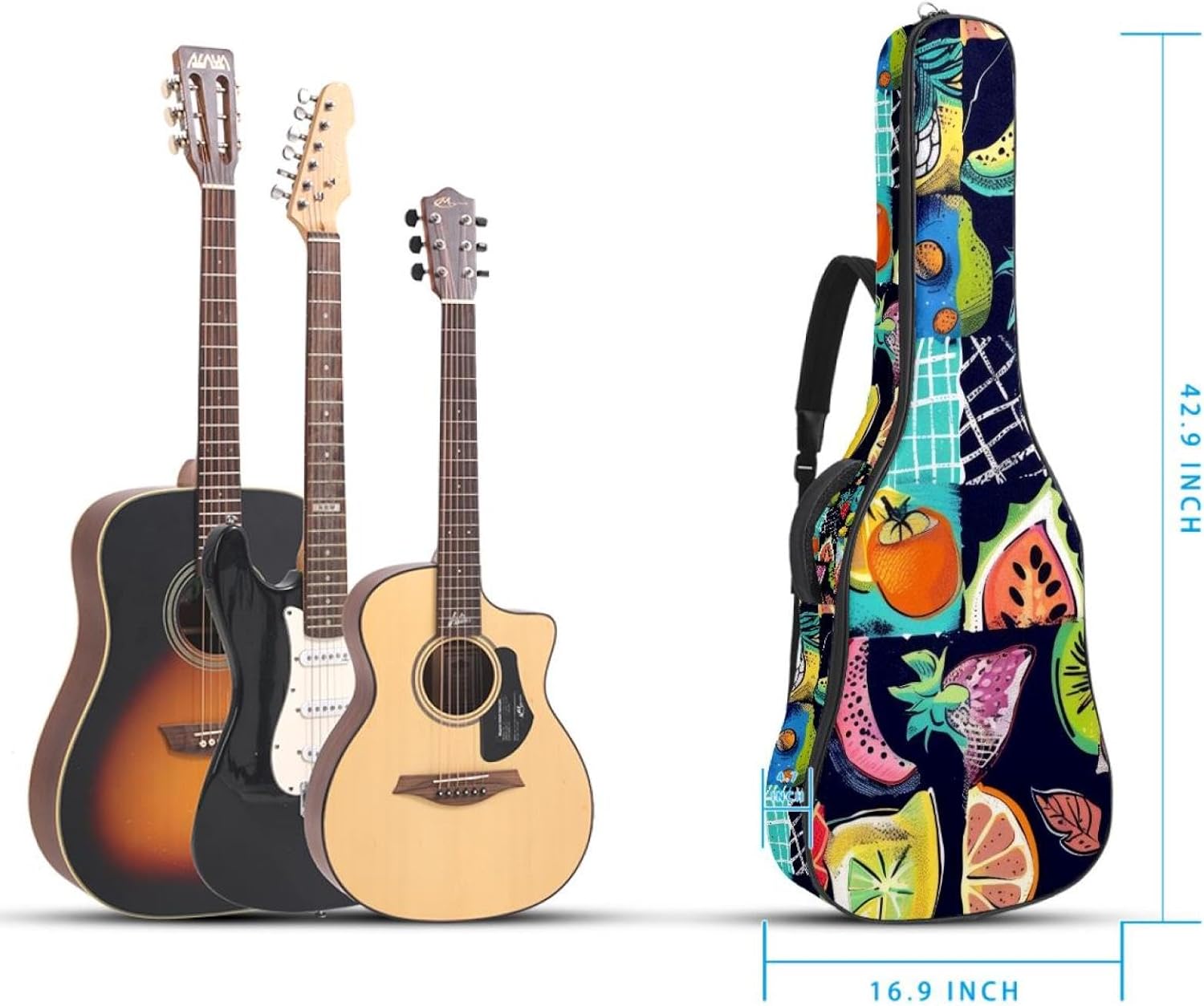Acoustic Guitar Gig Bag 1 cm Thick Padding, Waterproof Electric Guitar Bag 40-42 Inch Guitar Case Backpack with Dual Shoulder Strap, Colorful Fruits Seamless Pattern